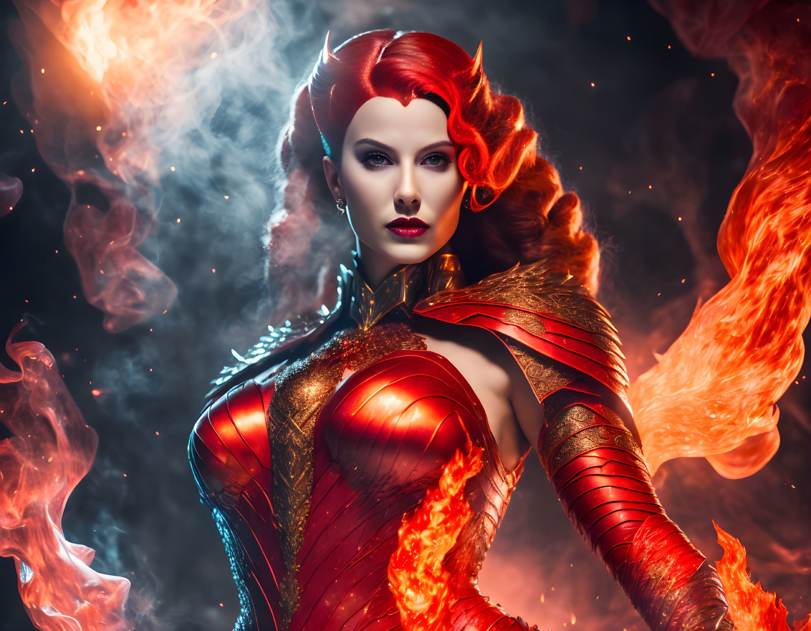 Red-haired woman in fiery armor engulfed by flames on smoky backdrop