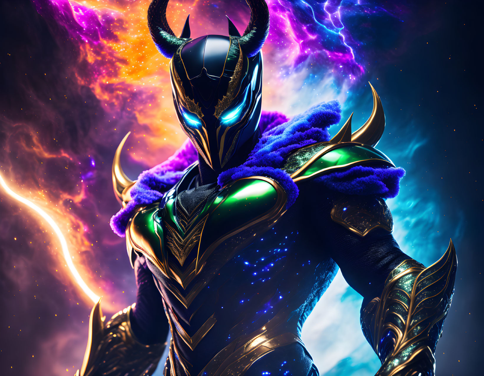 Majestic warrior in black and gold armor with horned helmet and cosmic backdrop