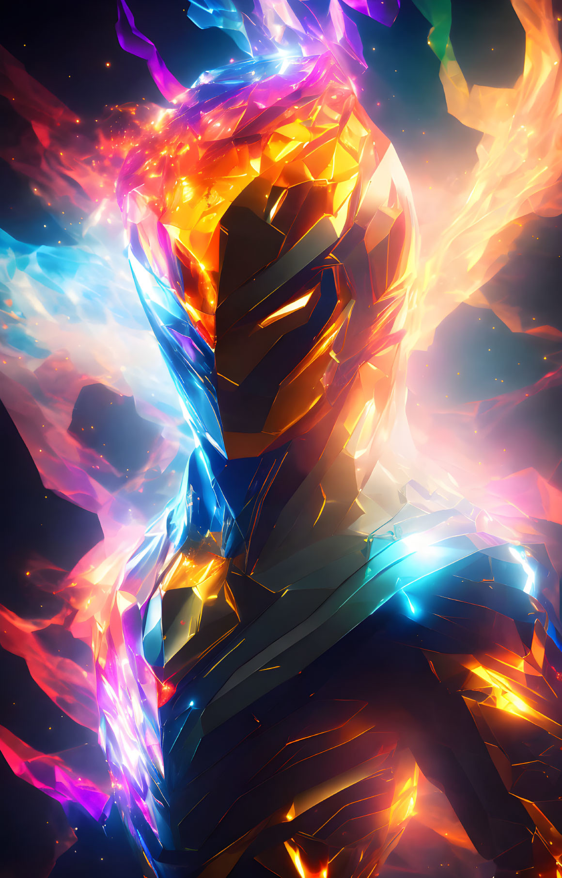 Colorful digital art: Crystal-like humanoid in fiery & cool hues