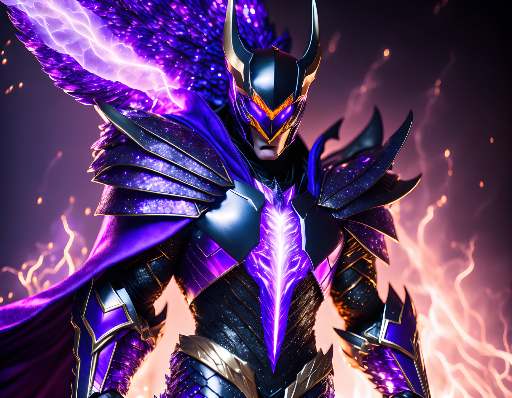 Futuristic warrior in purple and black armor with glowing elements surrounded by sparks