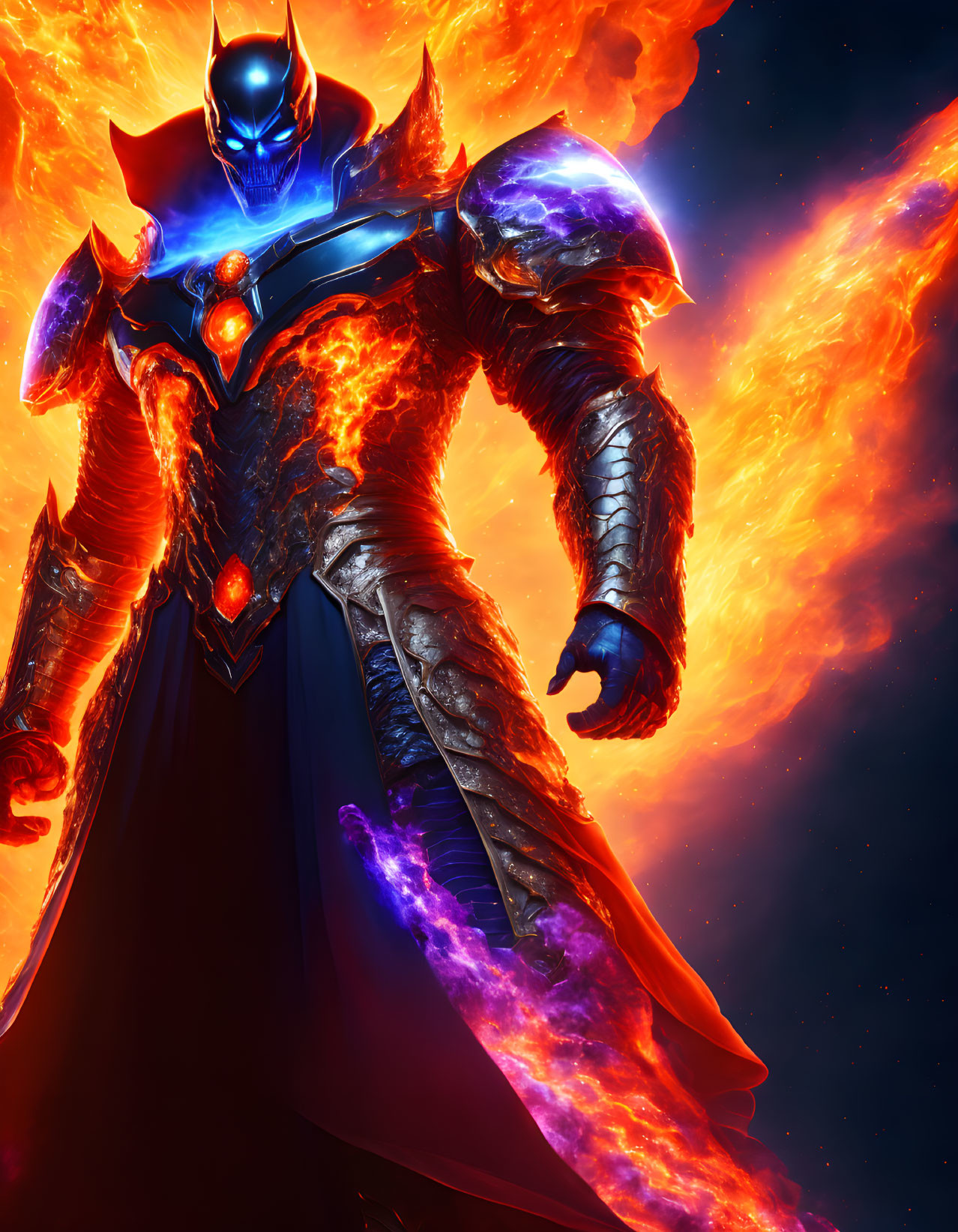 Armored character with glowing blue eyes in fiery backdrop