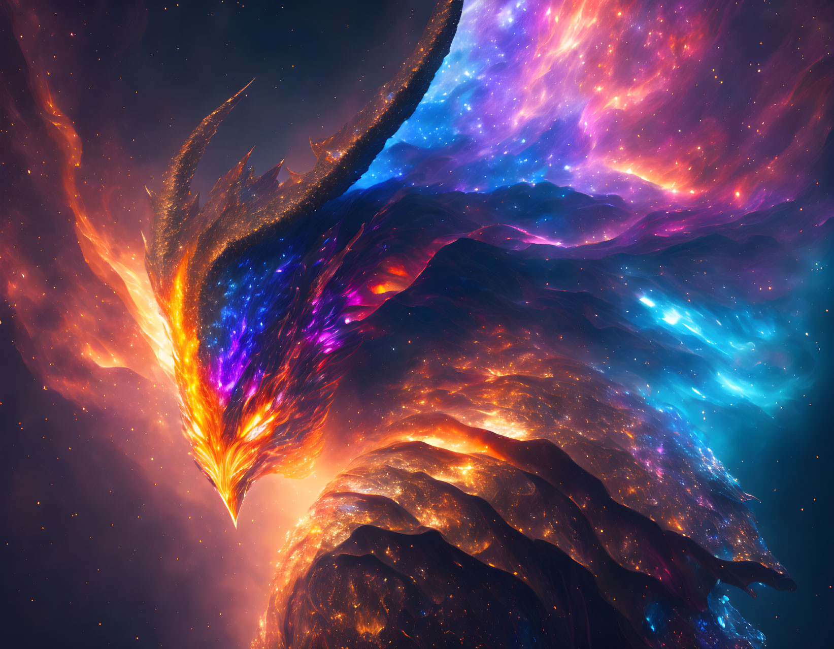 Colorful Phoenix-like Cosmic Entity in Fiery Swirl Against Starry Background