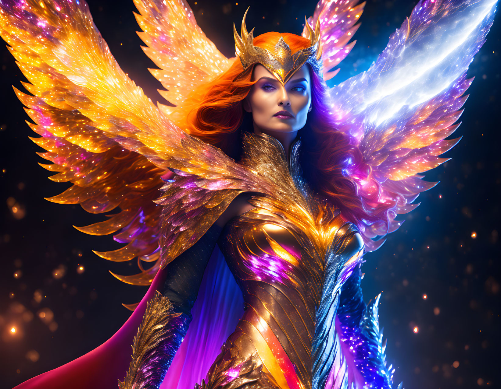 Majestic fantasy figure with crown, multicolored wings, golden armor, and purple cape on