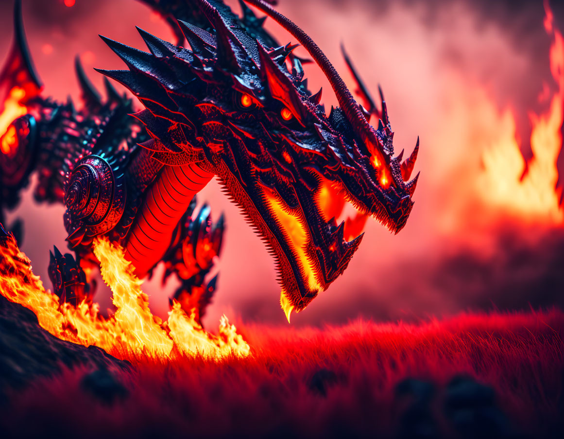 Black Dragon Soaring Over Fiery Landscape with Glowing Eyes