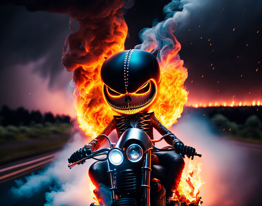 Skeletal alien figure on motorcycle under stormy sky