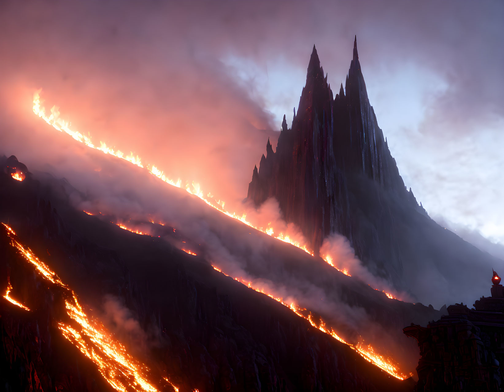 Nighttime volcanic eruption with flowing lava, smoke, and fiery glow against dark sky