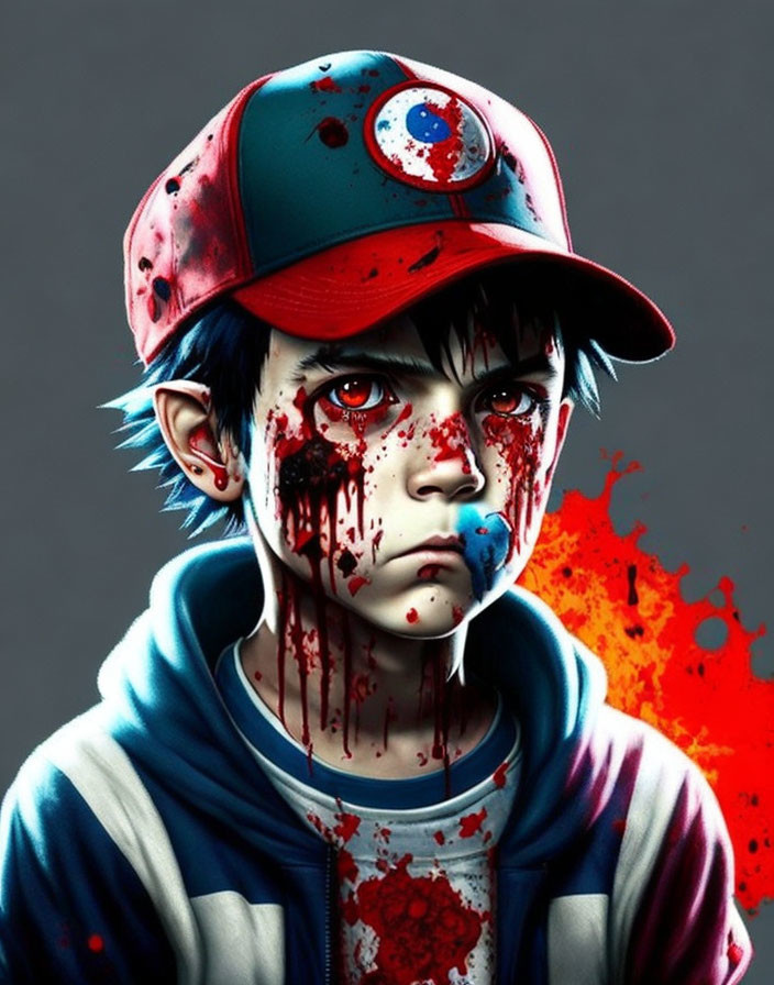 Digital artwork: Boy with blue hair, blood-splattered cap and hoodie, red eyes, blood