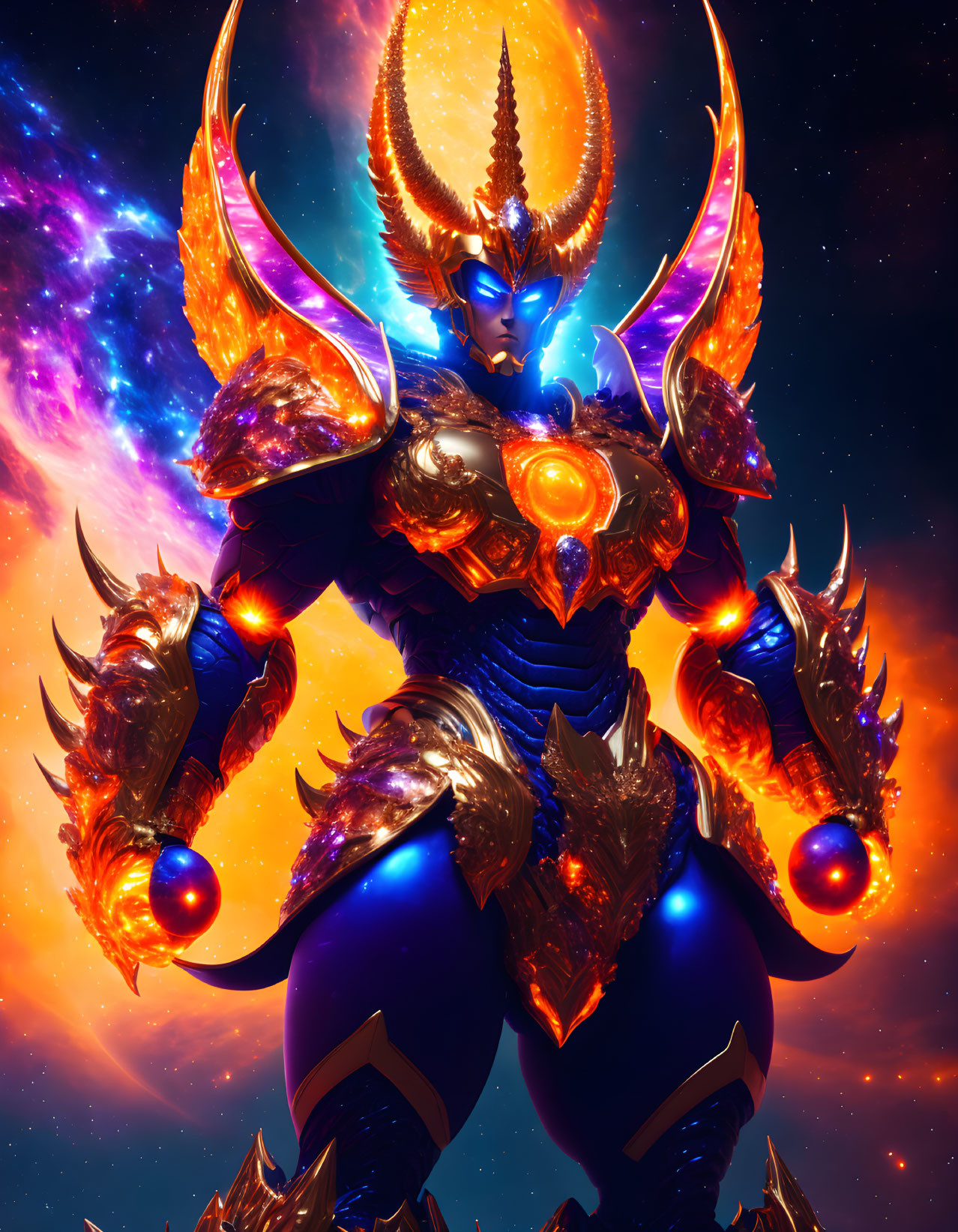 Armored figure with glowing accents against cosmic background