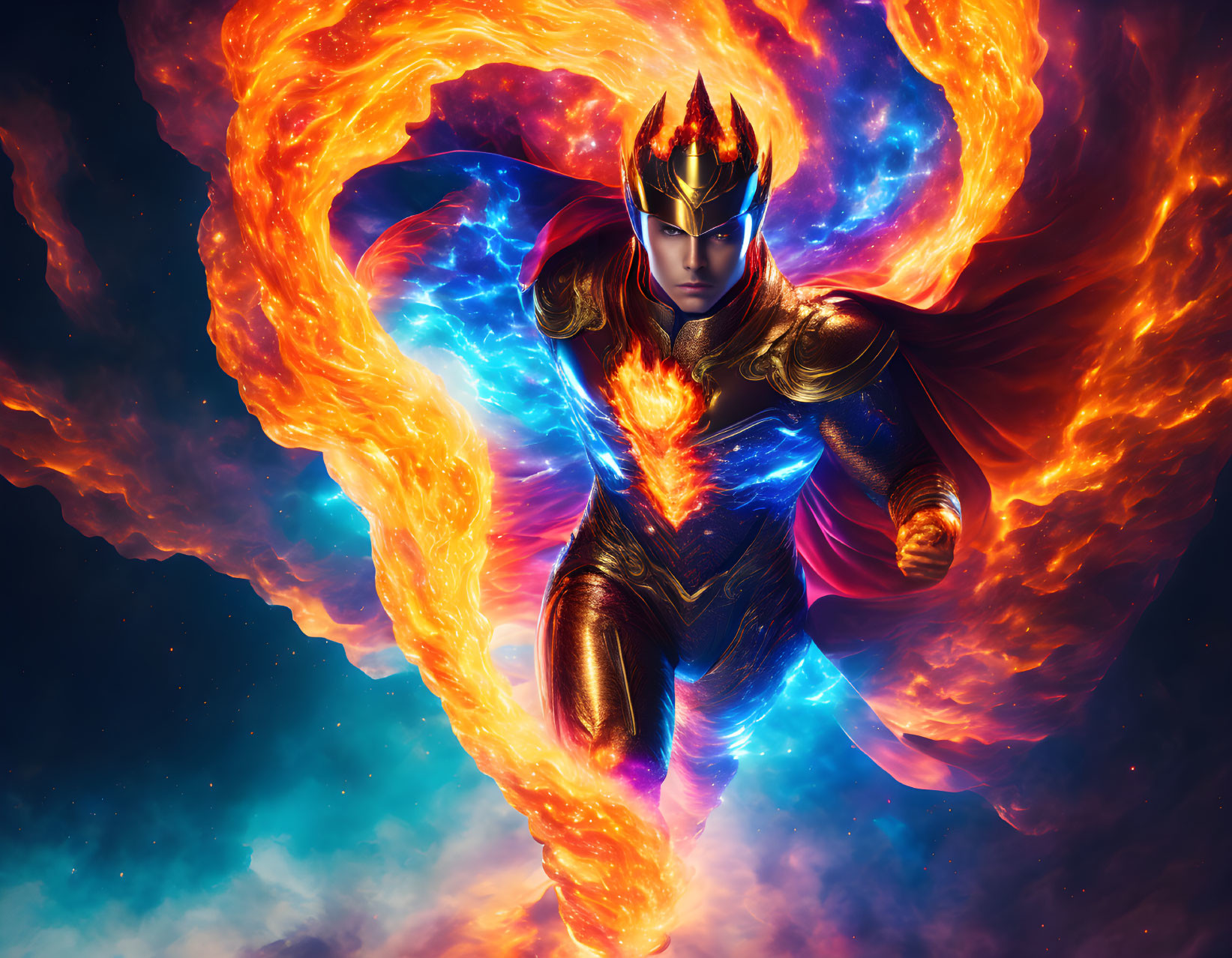 Superhero with flaming crown and armor flying through space surrounded by fire ring.