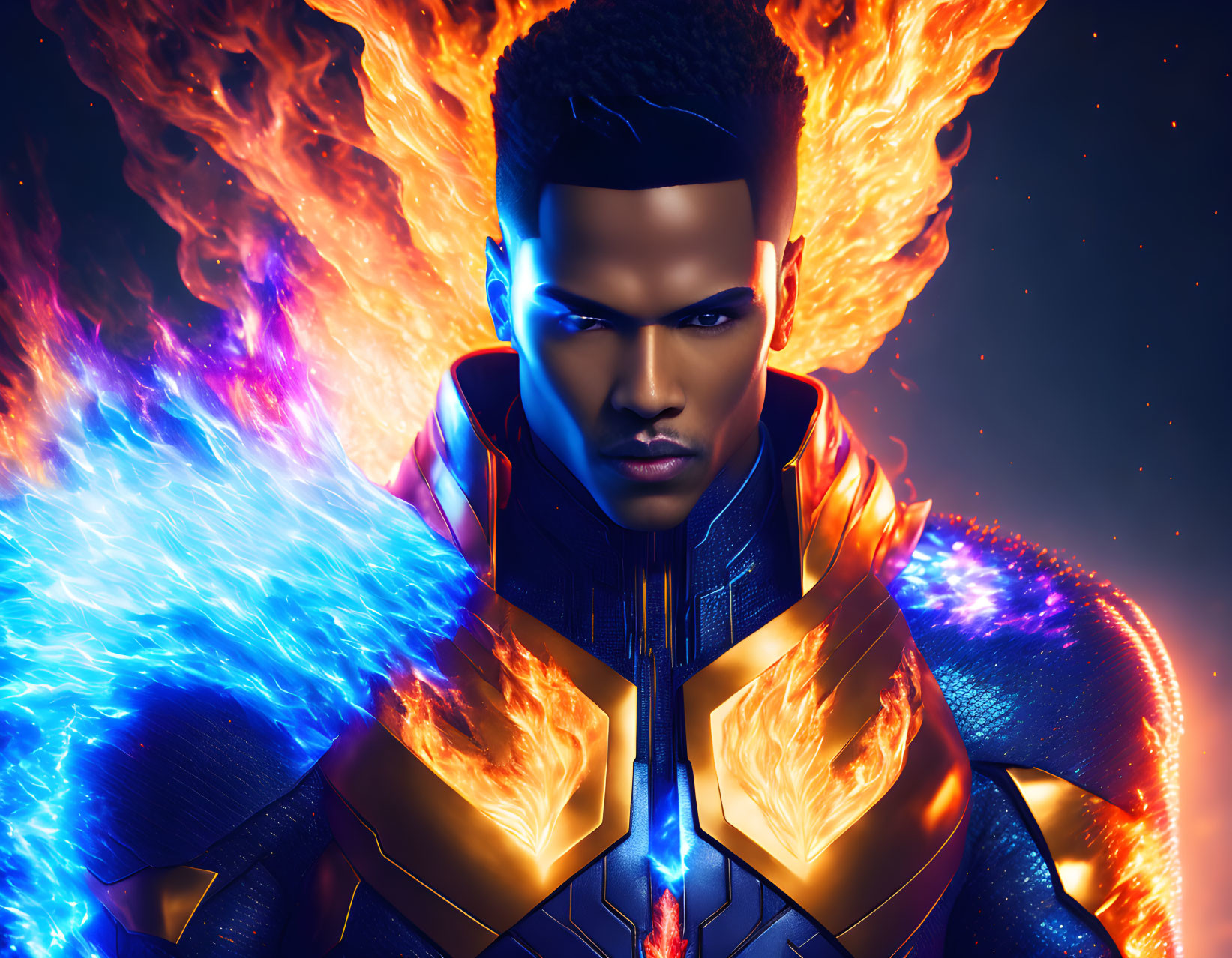 Digital portrait: Man with fiery orange and cool blue flames, futuristic armor, dark backdrop