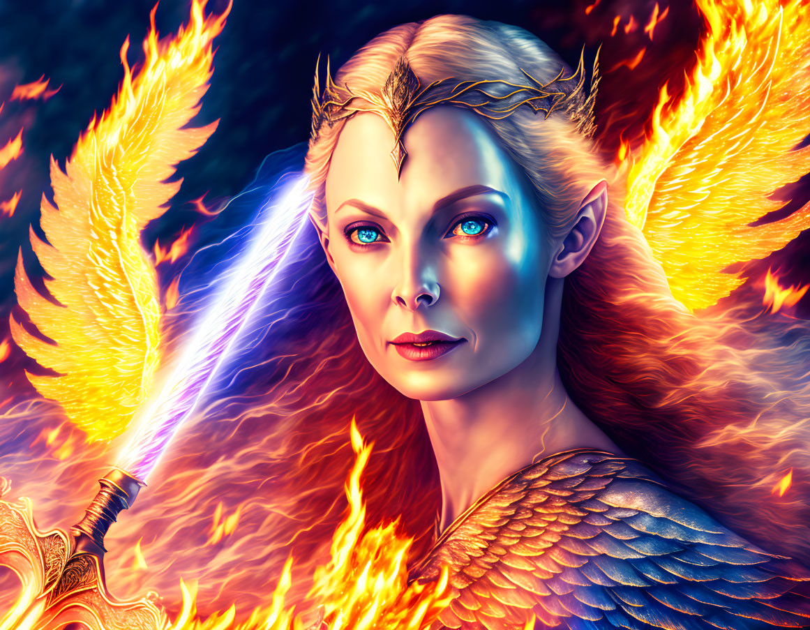 Illustrated female elfin character engulfed in flames with blue sword and metallic wings.