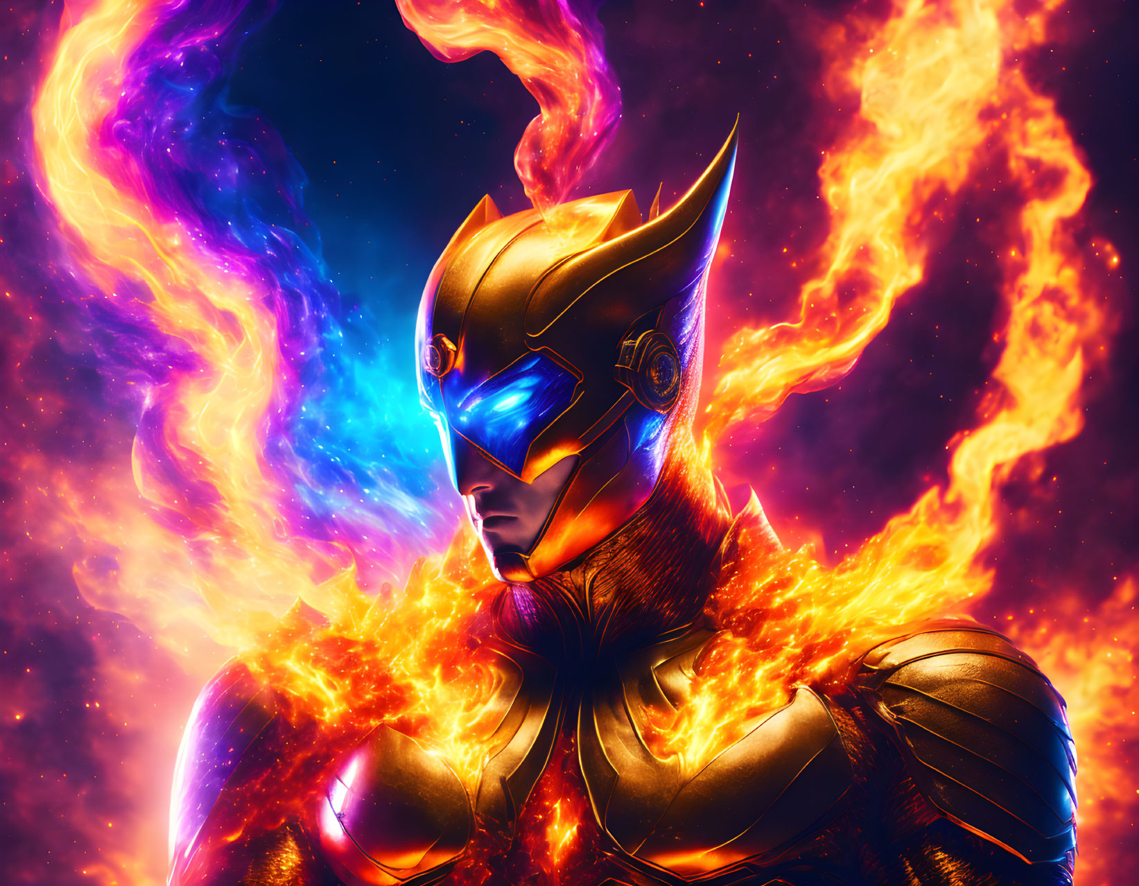 Vibrant digital artwork: superhero in golden helmet and armor, engulfed in flames and cosmic energy