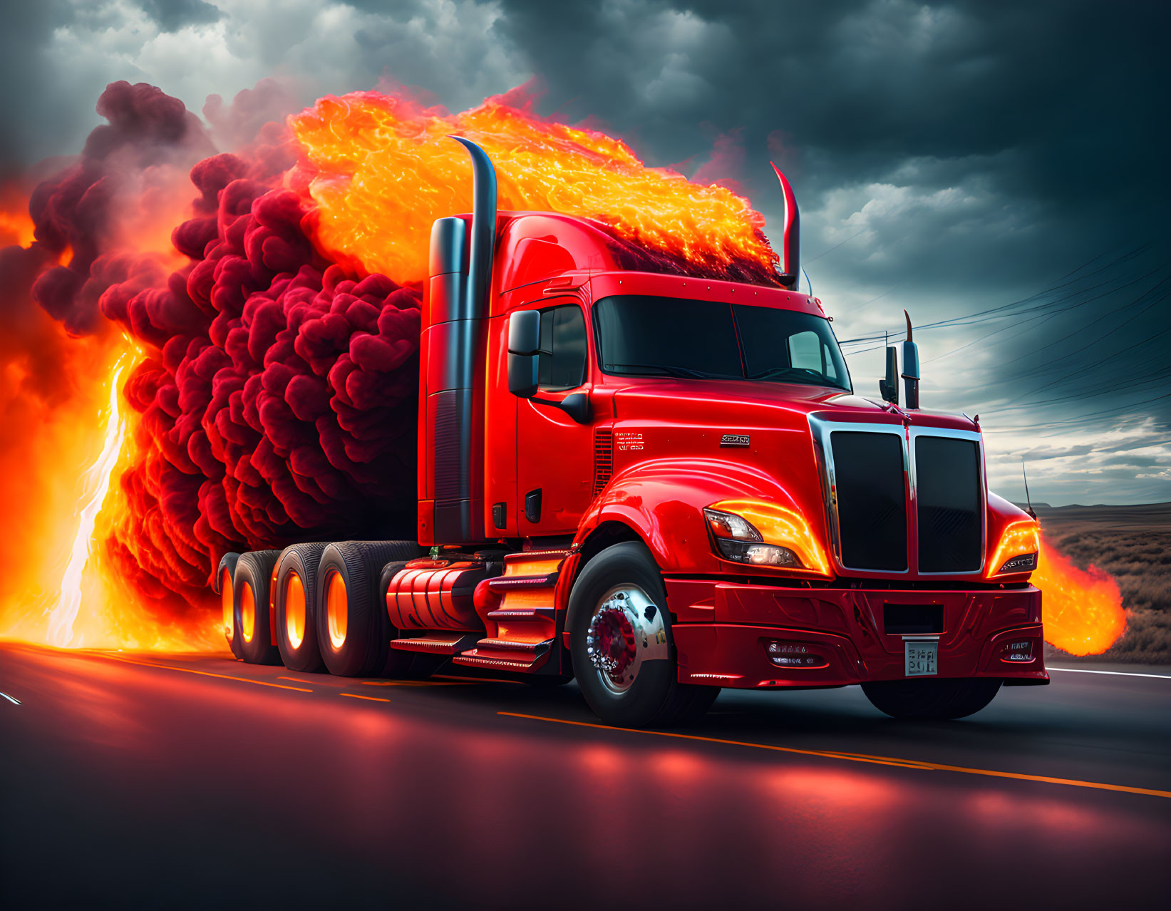 Red semi-truck with flames and smoke on stormy road.