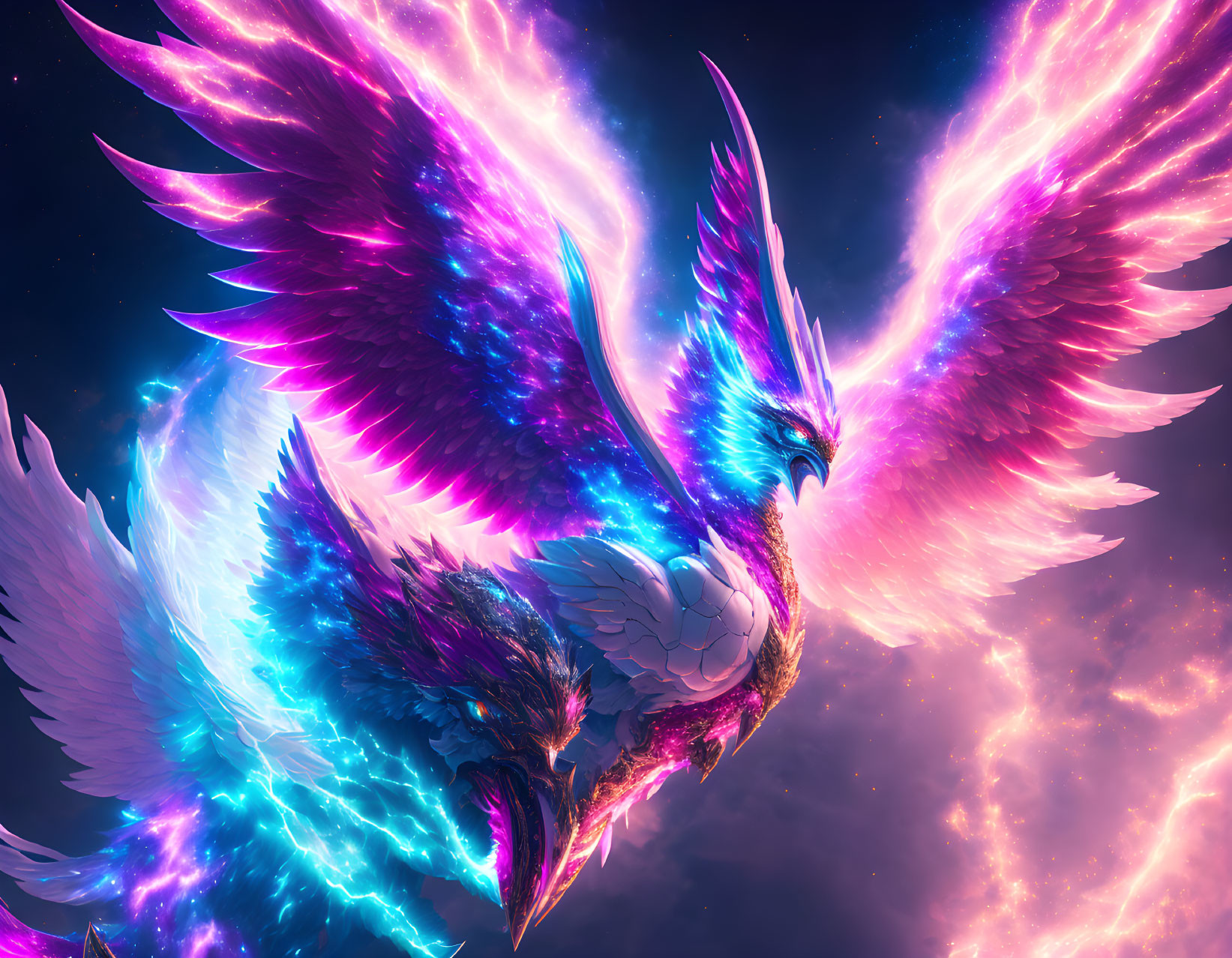 Mythic phoenix digital artwork with glowing pink and blue feathers