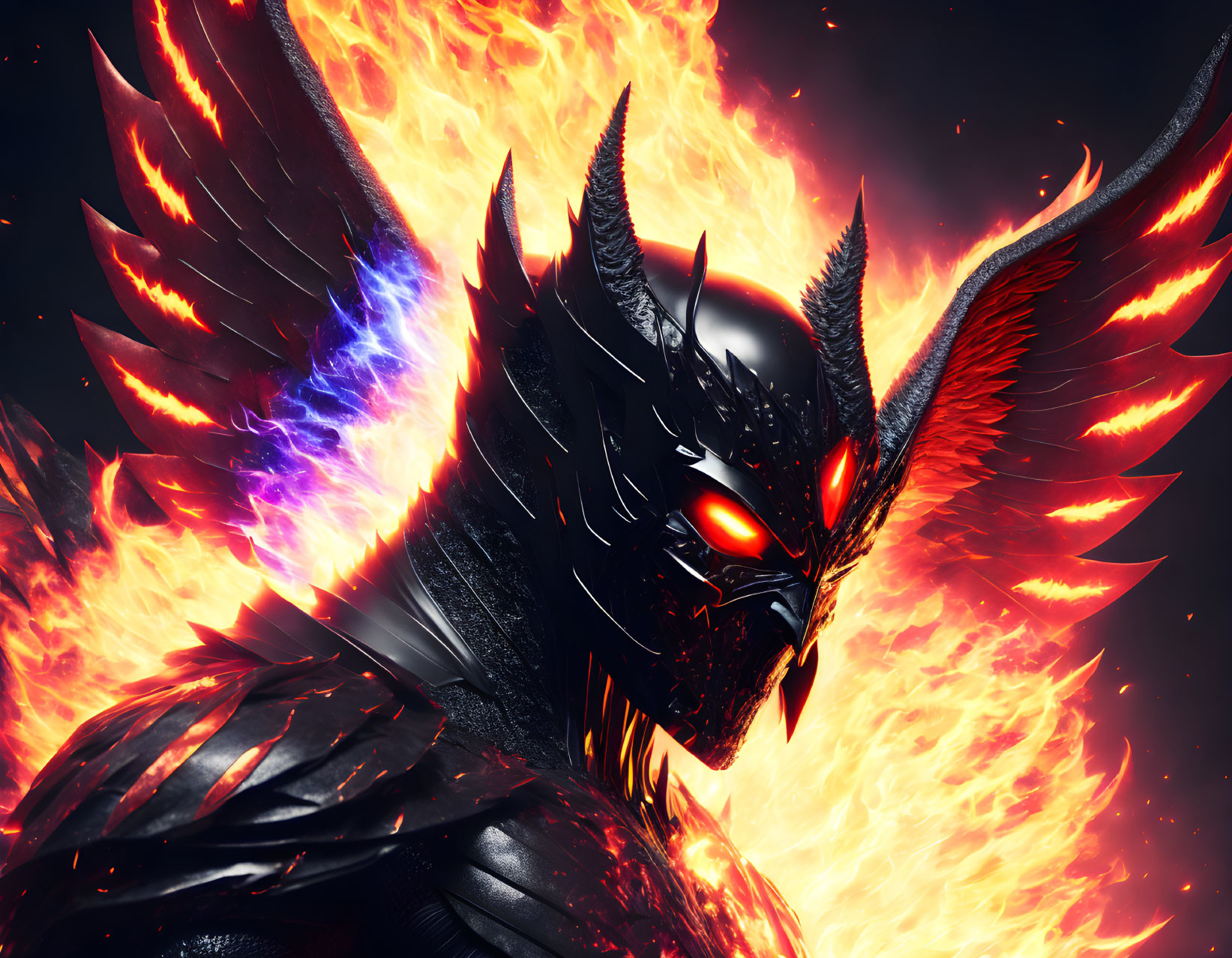 Fiery demon with red eyes and horned helmet in blazing flames