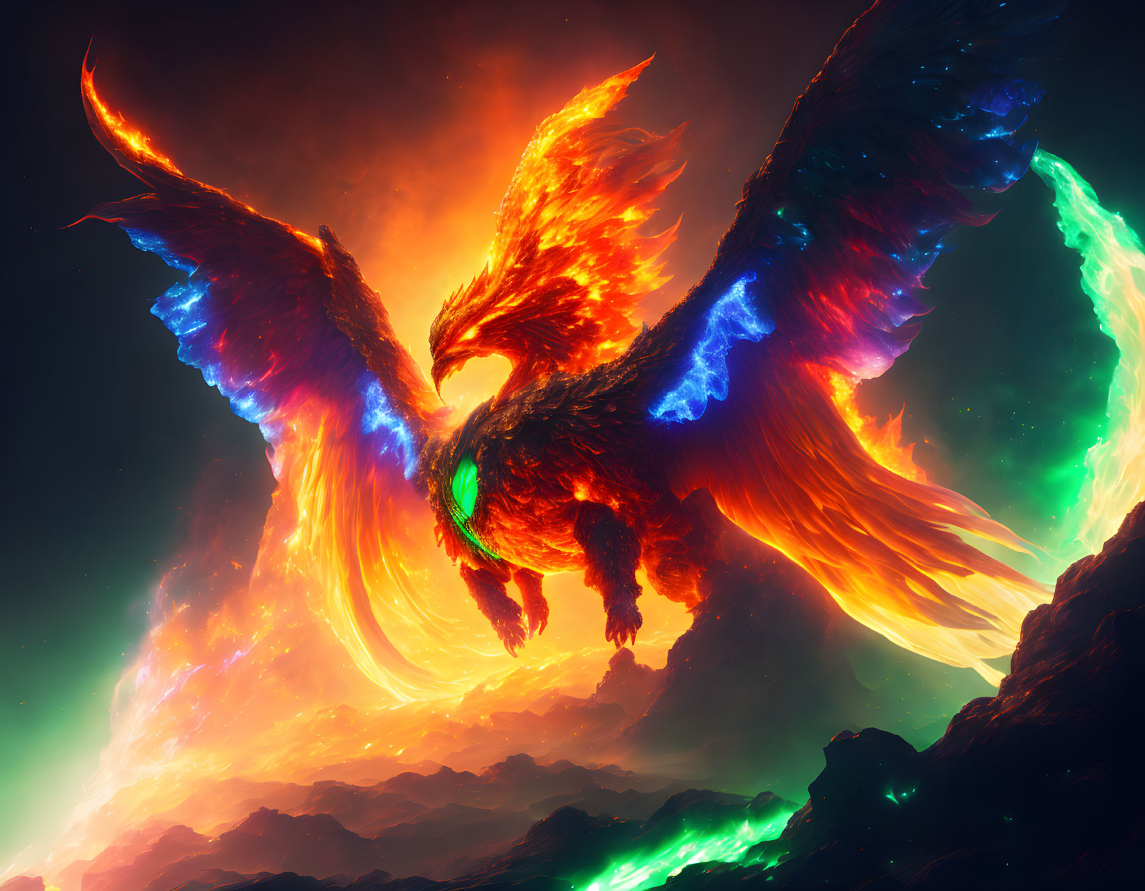 Majestic Phoenix Flying Amid Fiery and Blue Hues