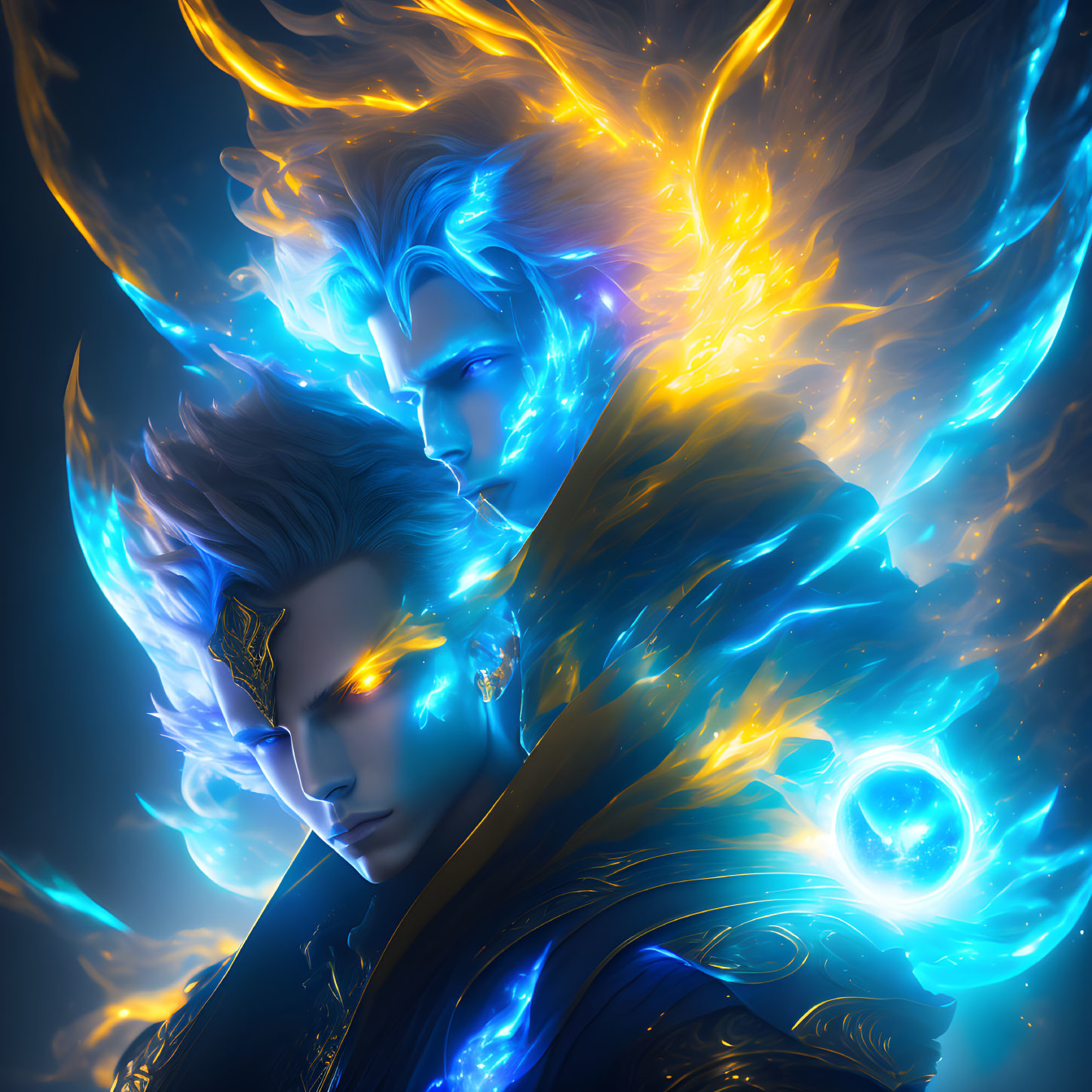 Stylized animated characters with glowing auras and intricate attire