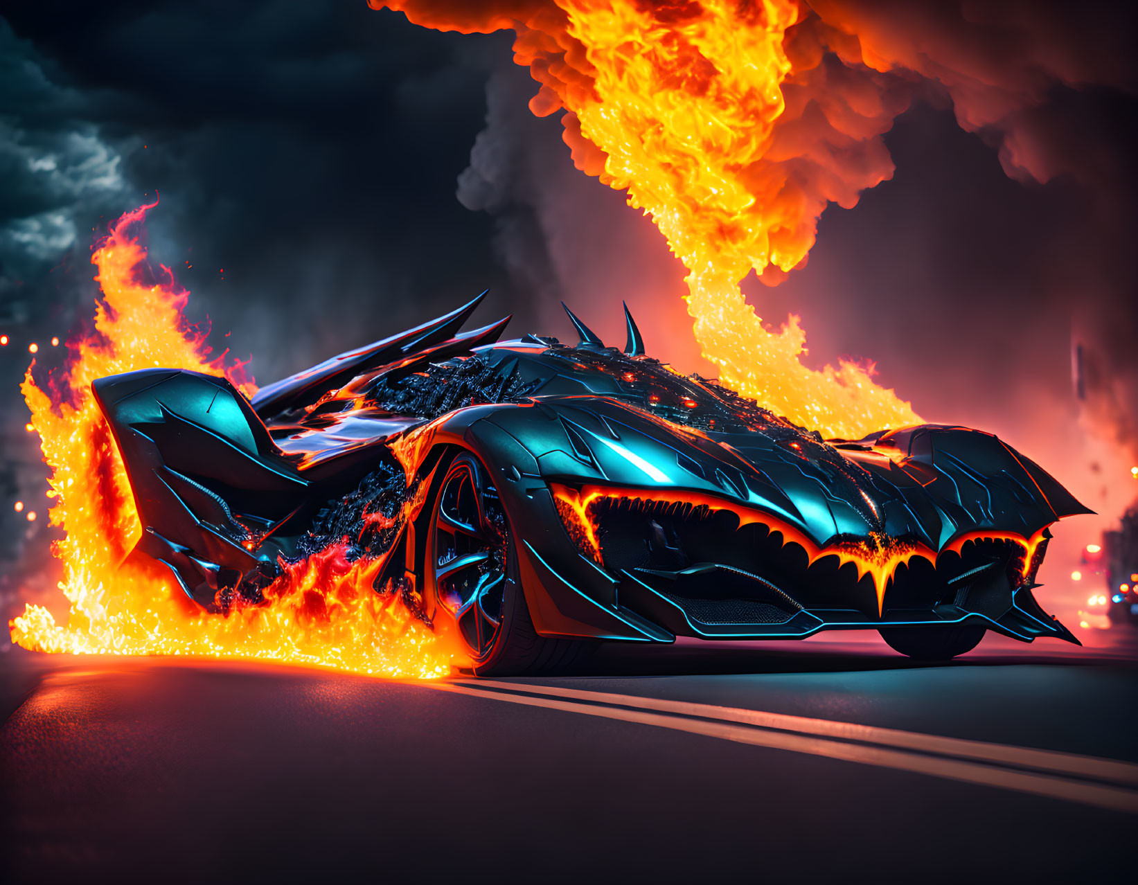 Flaming futuristic car on night road with swirling inferno