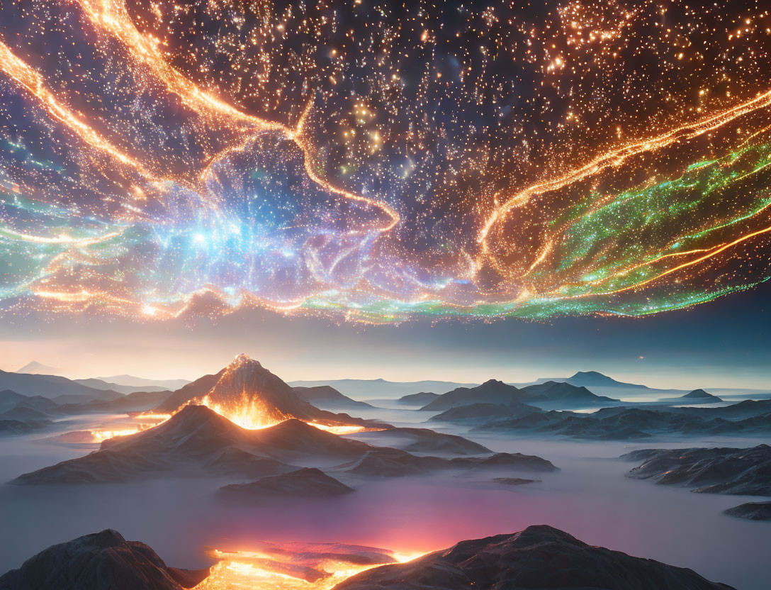 Surreal landscape with cosmic patterns above misty mountains