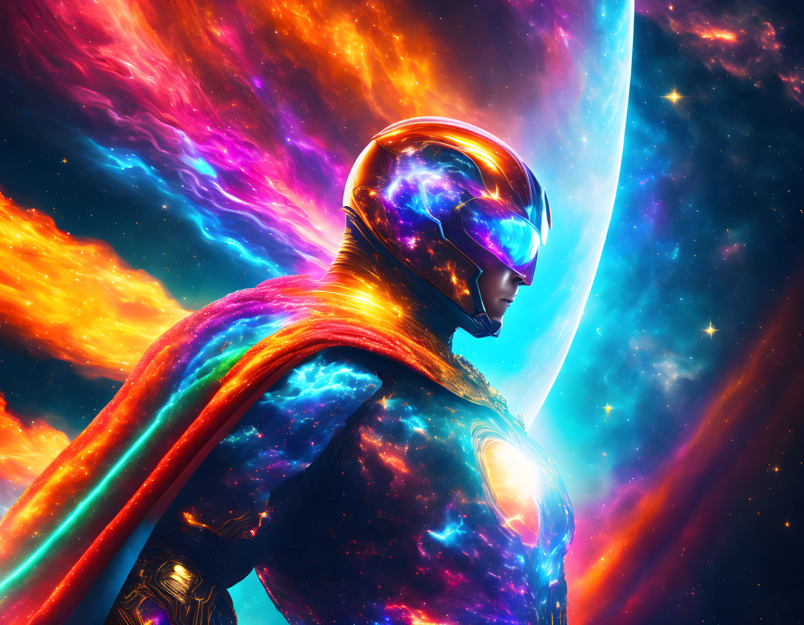 Cosmic superhero in starry suit with cape, vibrant nebula, crescent planet