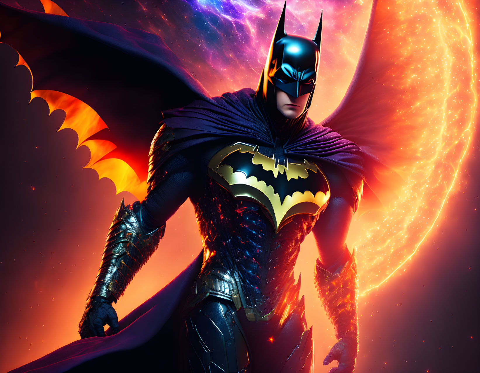 Fiery Batman illustration against cosmic backdrop