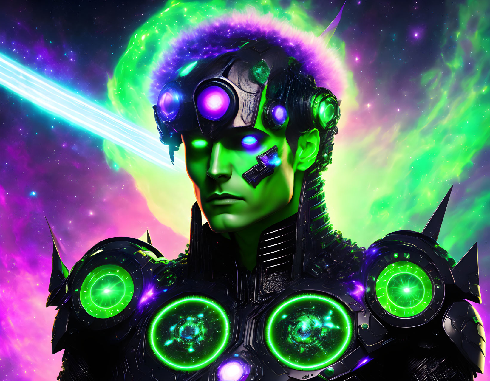 Futuristic cybernetic humanoid with green and purple accents on cosmic nebula background