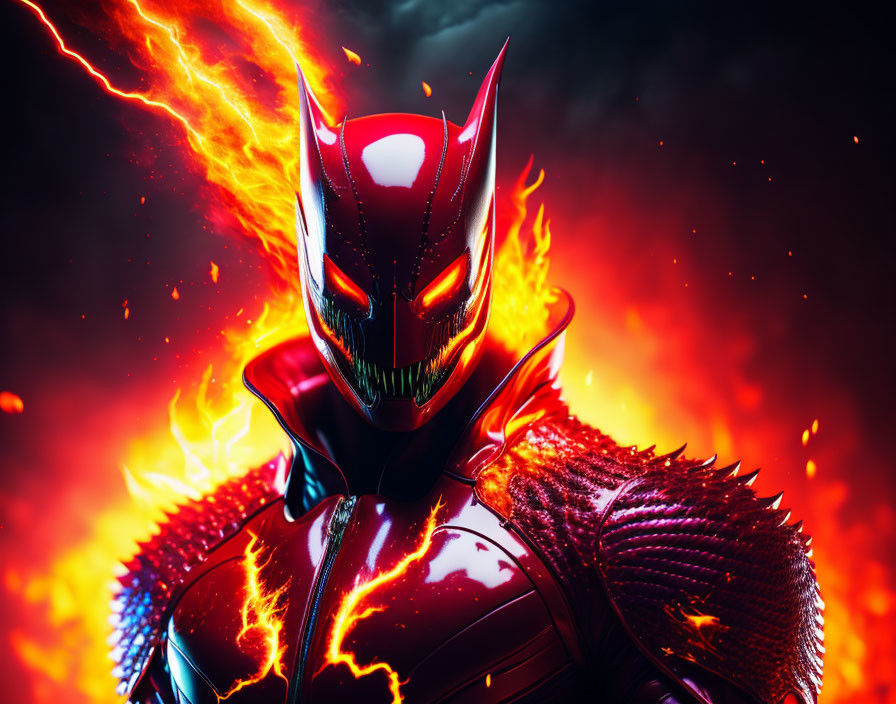 Menacing red and black armored figure with glowing eyes in fiery setting