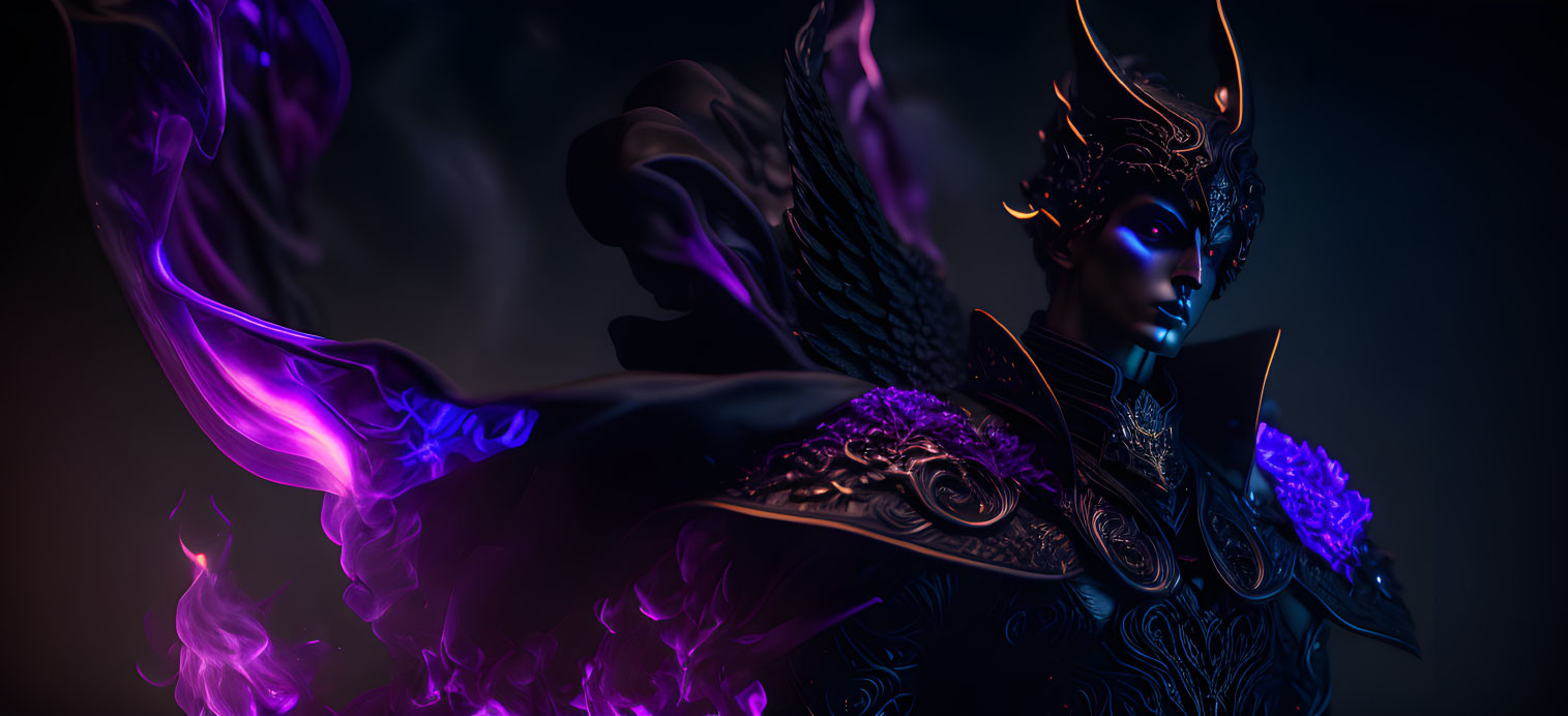 Mystical female figure in dark armor with swirling purple smoke