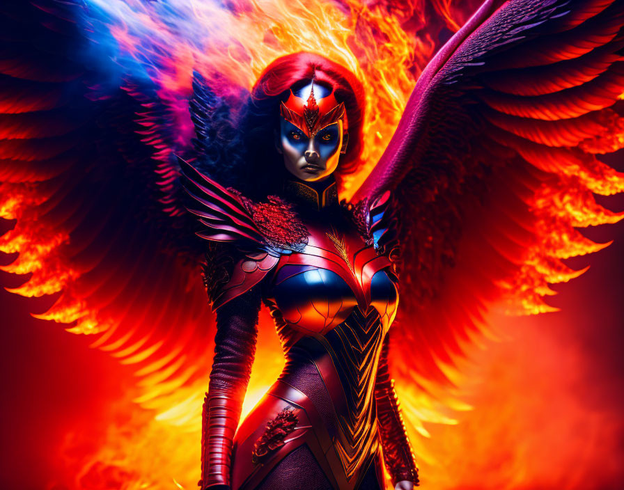 Fiery character with red and black costume and large wings in determined pose