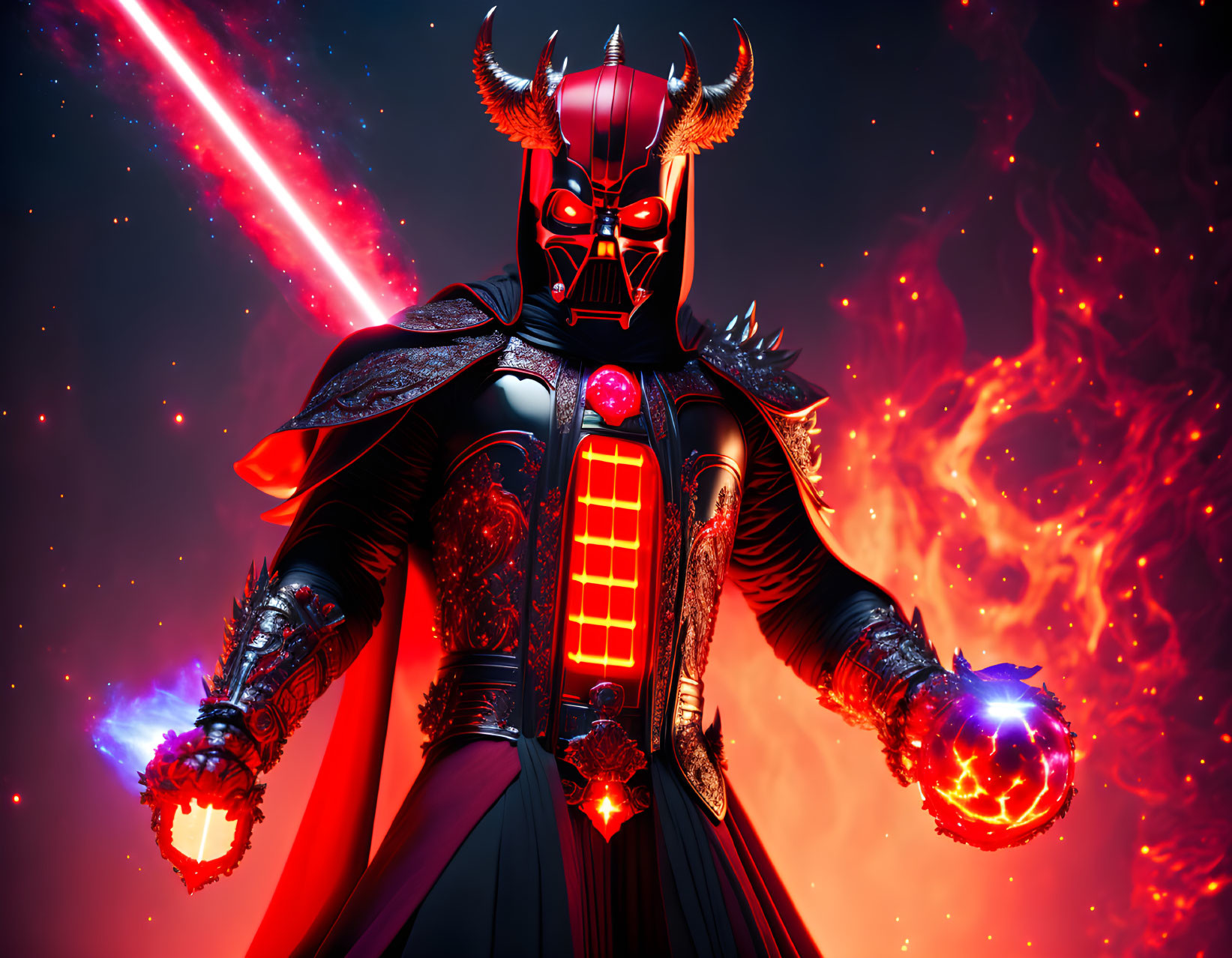 Dark armored figure with fiery energy in hands against fiery backdrop.