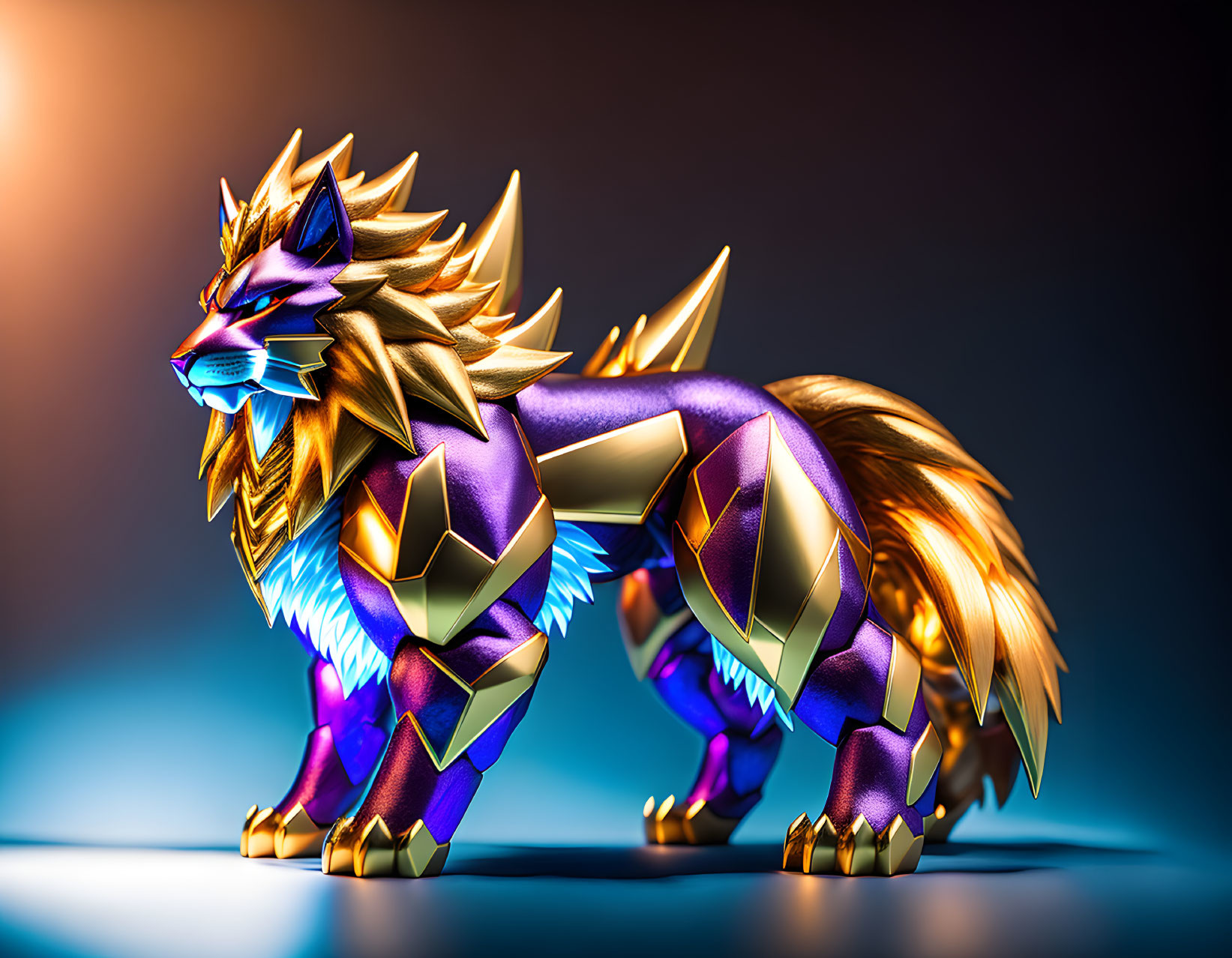 Stylized metallic lion with golden mane and purple body emitting blue glow