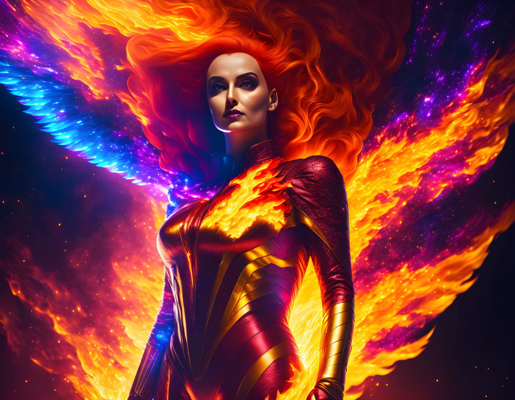 Female superhero with fiery hair and wings in gold and red suit against cosmic background