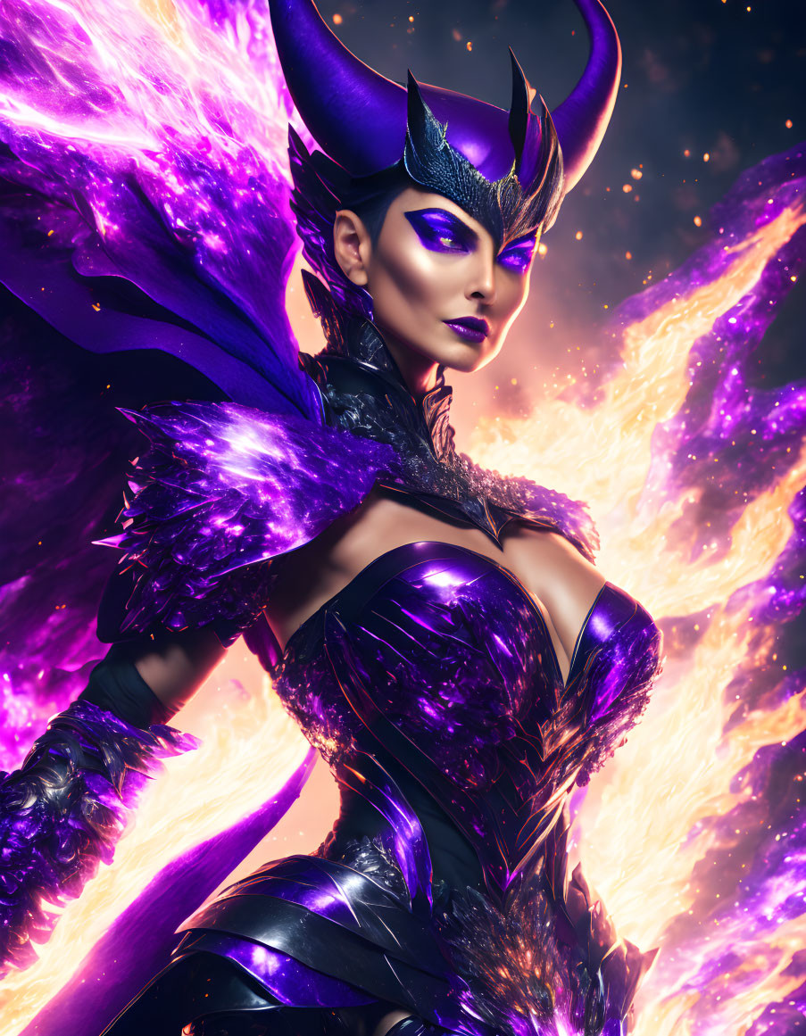 Female character in dark makeup with horns, black and purple costume, cosmic backdrop.