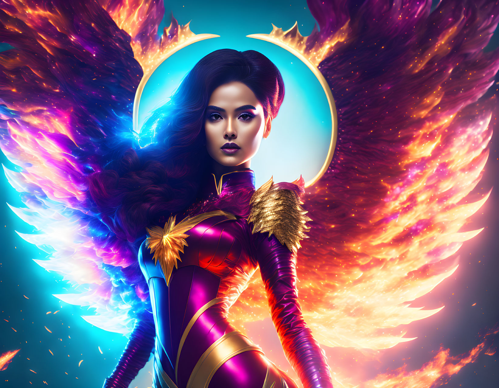 Digital artwork: Woman with halo in purple and gold costume, fiery wings, vibrant blue backdrop