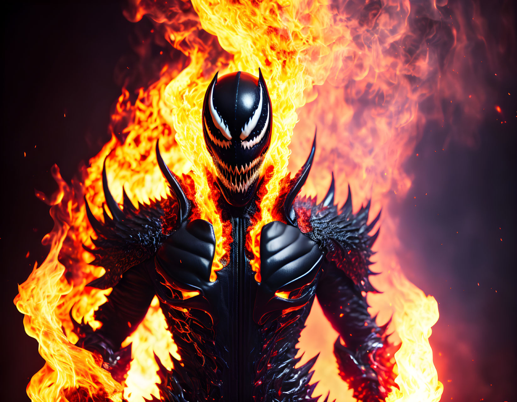 Menacing figure in black and white mask engulfed in intense flames