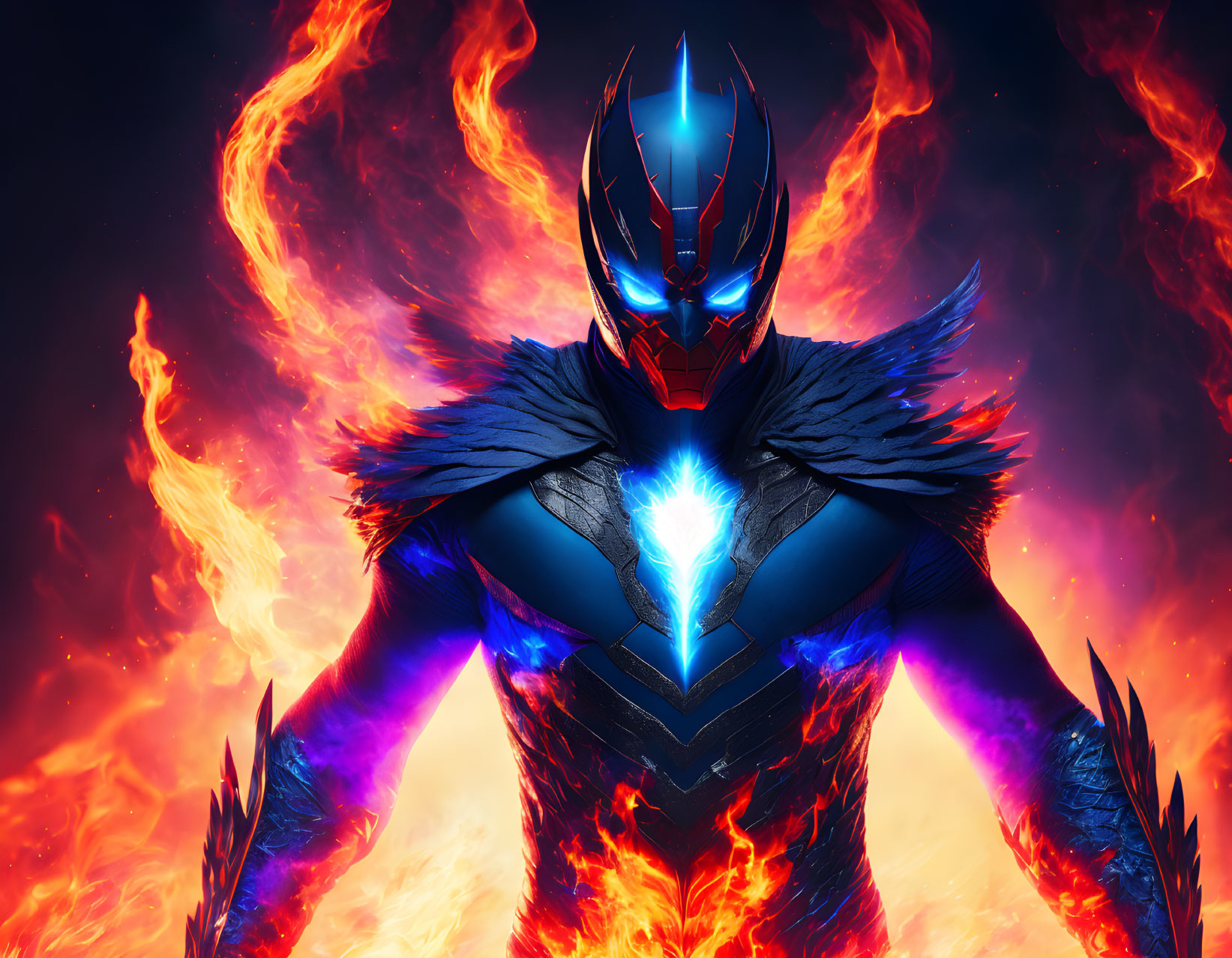 Armored figure with blue visor and chest crystal against fiery backdrop