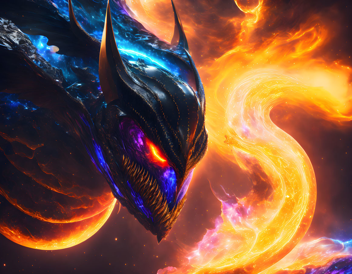 Majestic cosmic dragon with radiant blue scales in fiery nebulae