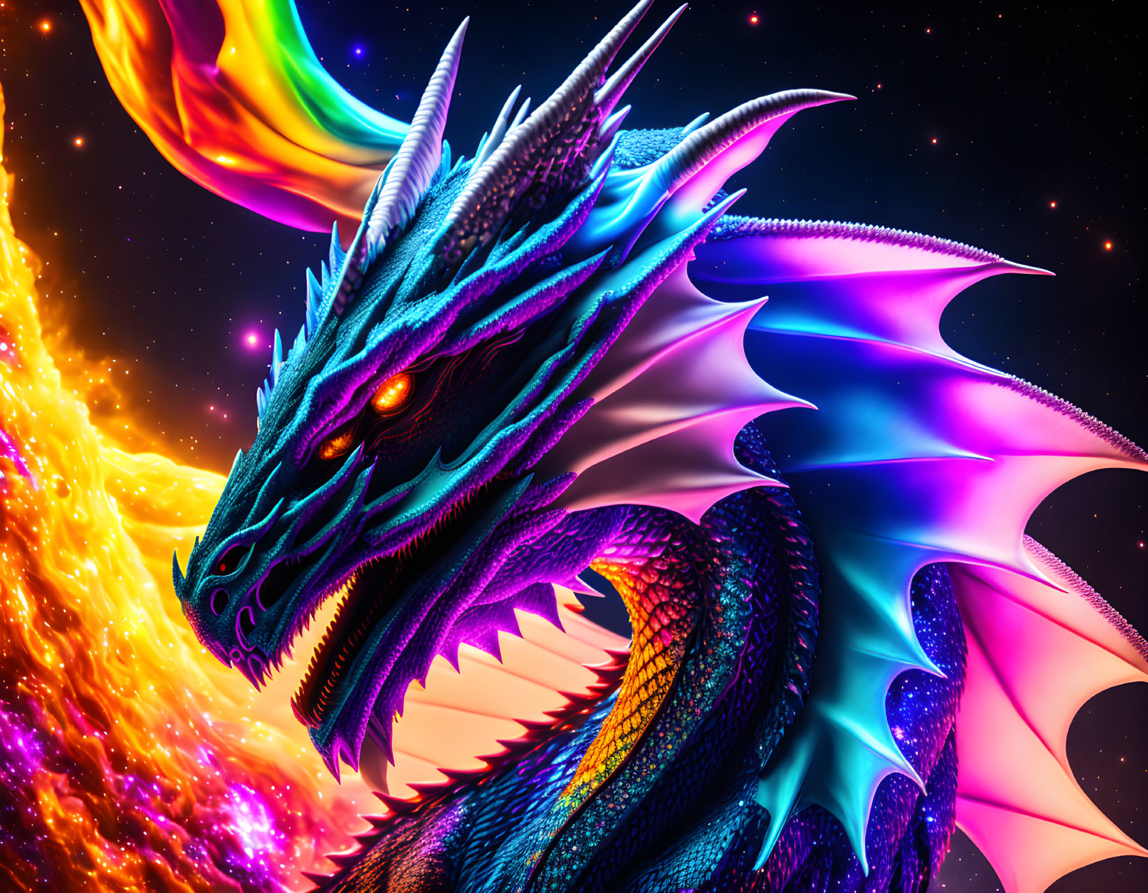 Colorful Blue Dragon Art Against Cosmic Background