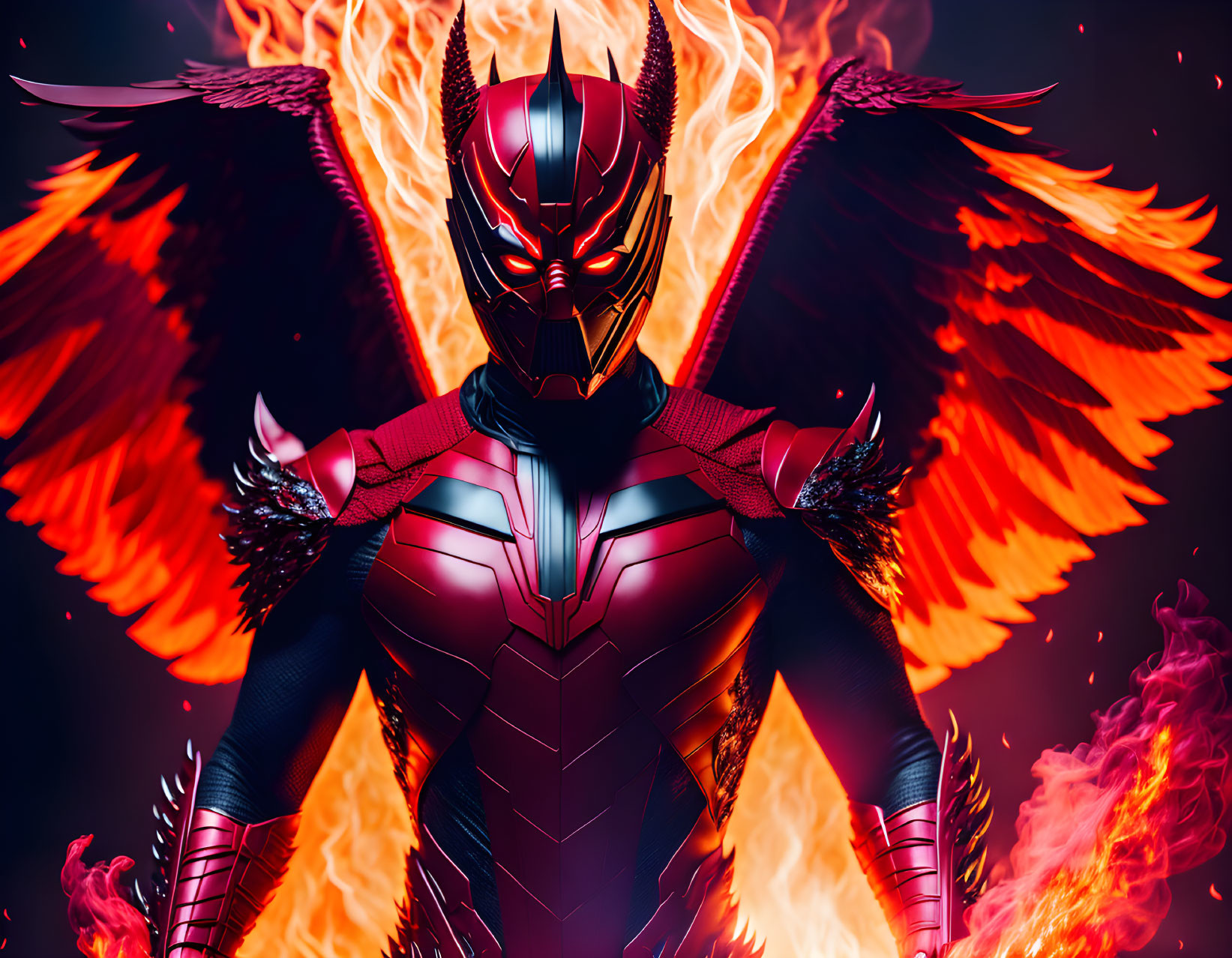 Armored individual with winged helmet and fiery wings in powerful stance