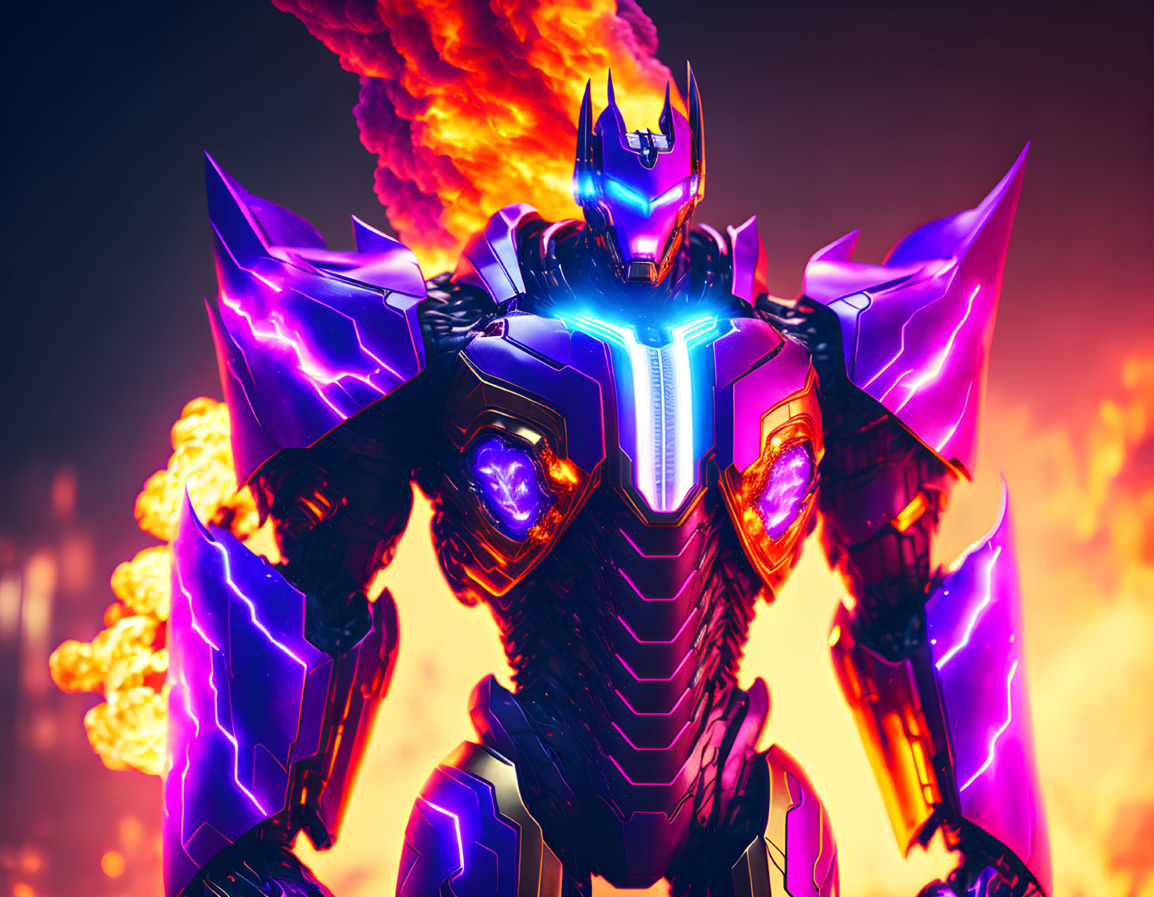 Glowing purple accented futuristic robot in front of explosion