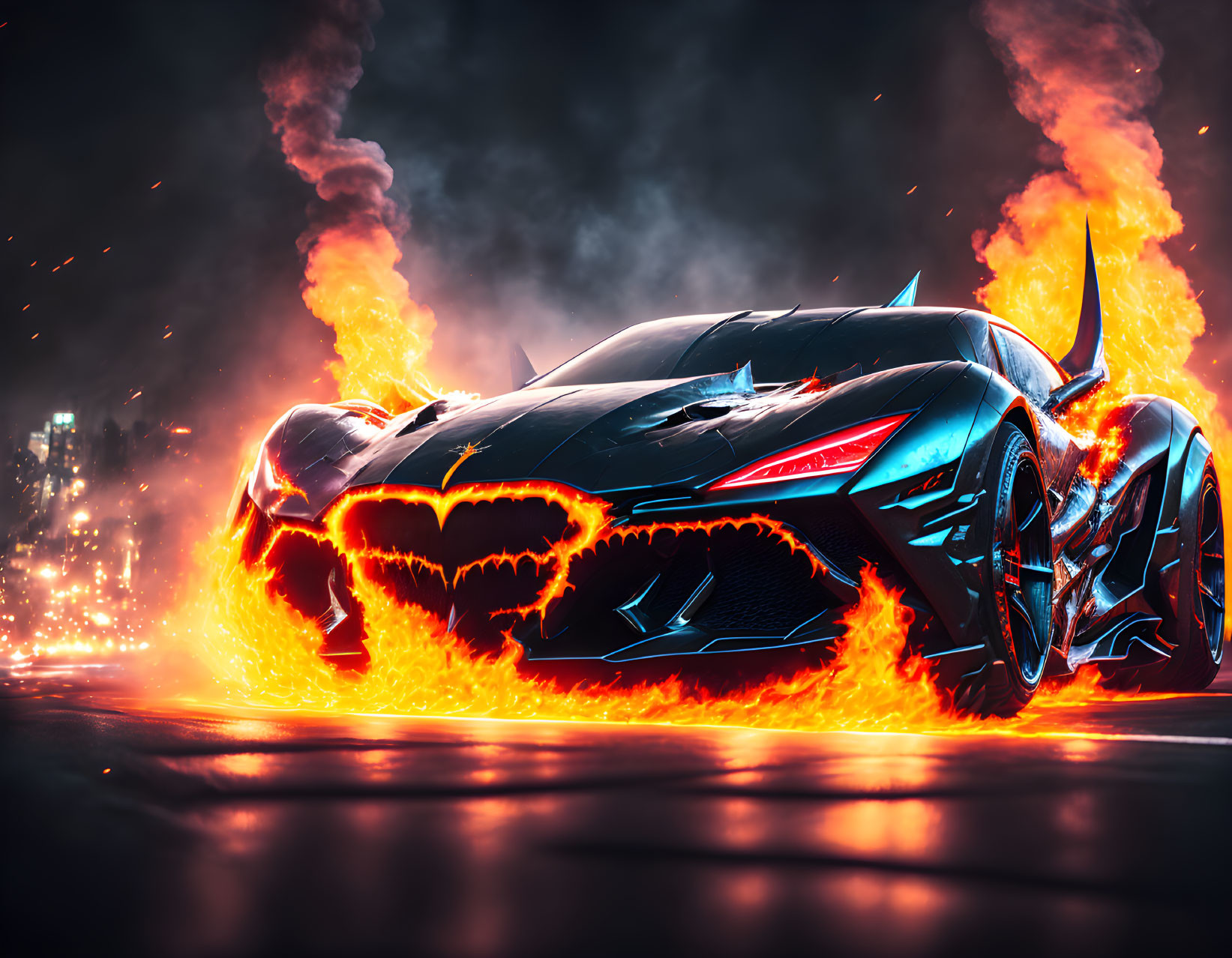 Stylized black sports car with fiery flames on night city backdrop