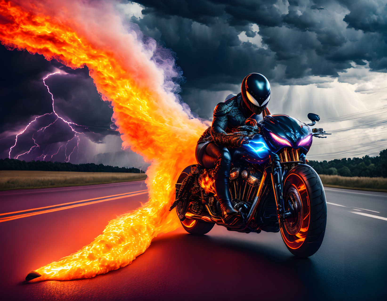 Motorcyclist in black suit with flames riding under stormy skies