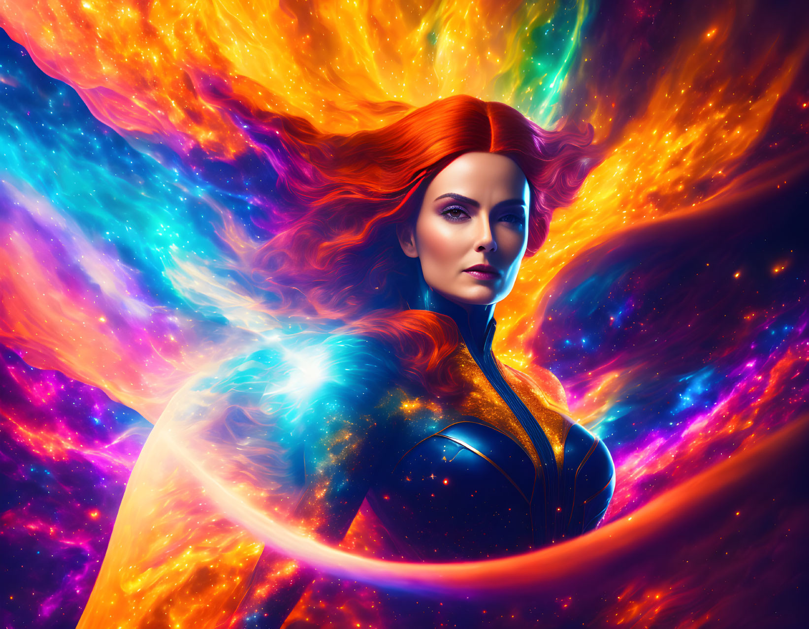 Digital Art: Woman with Red Hair in Cosmic Superhero Costume