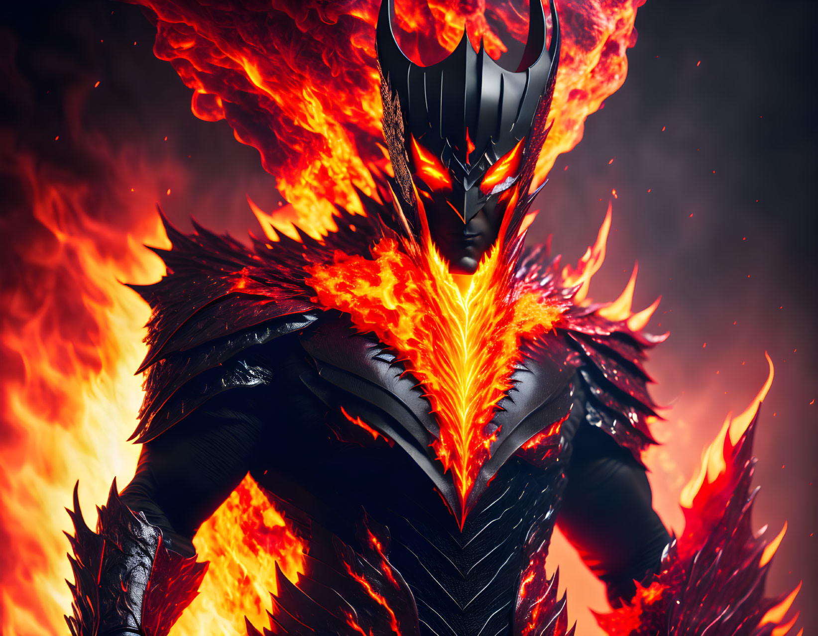 Sinister demonic entity in black armor engulfed in flames