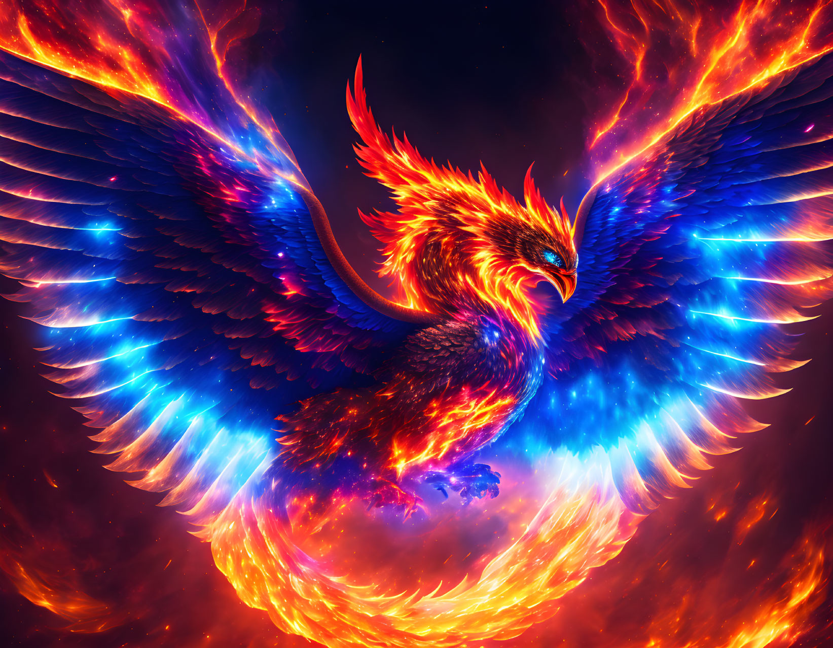 Colorful Phoenix Spreading Wings in Fiery Cosmic Scene