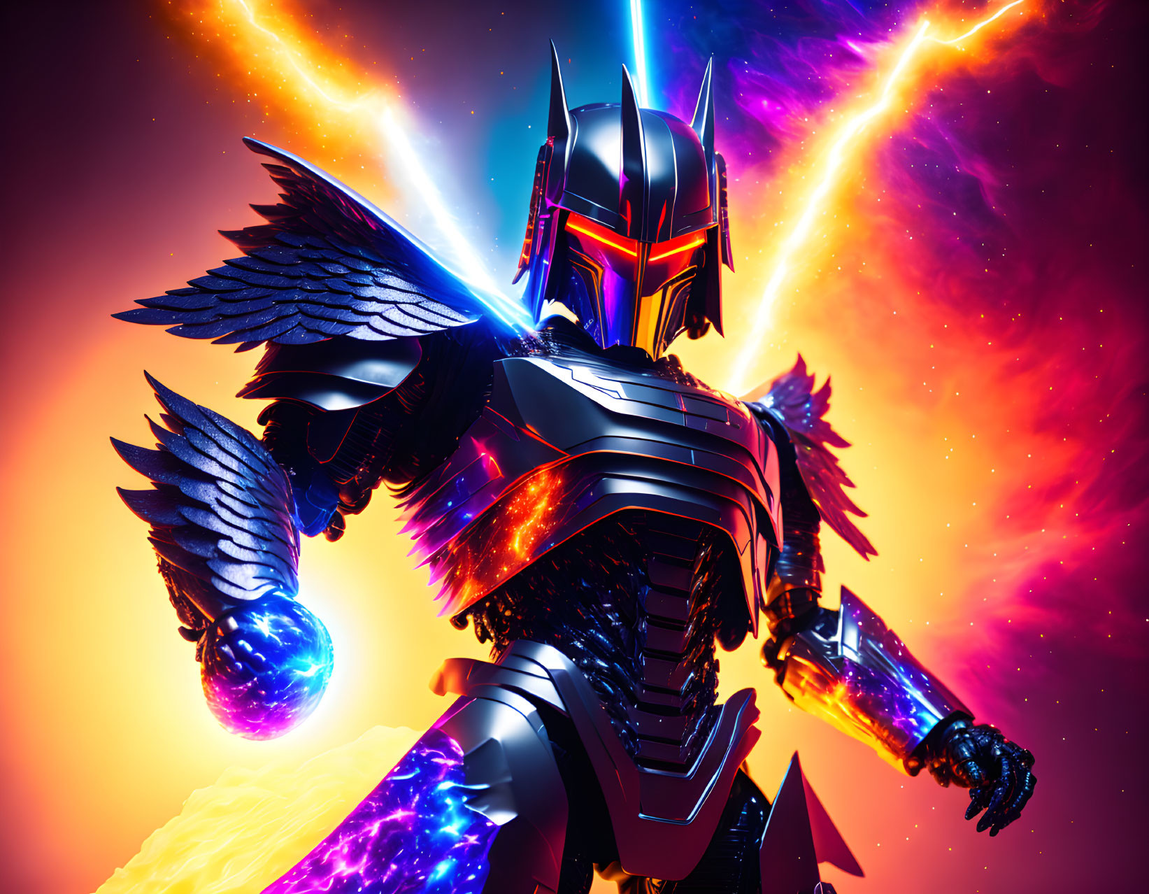 Futuristic knight in winged armor with glowing orb against cosmic backdrop