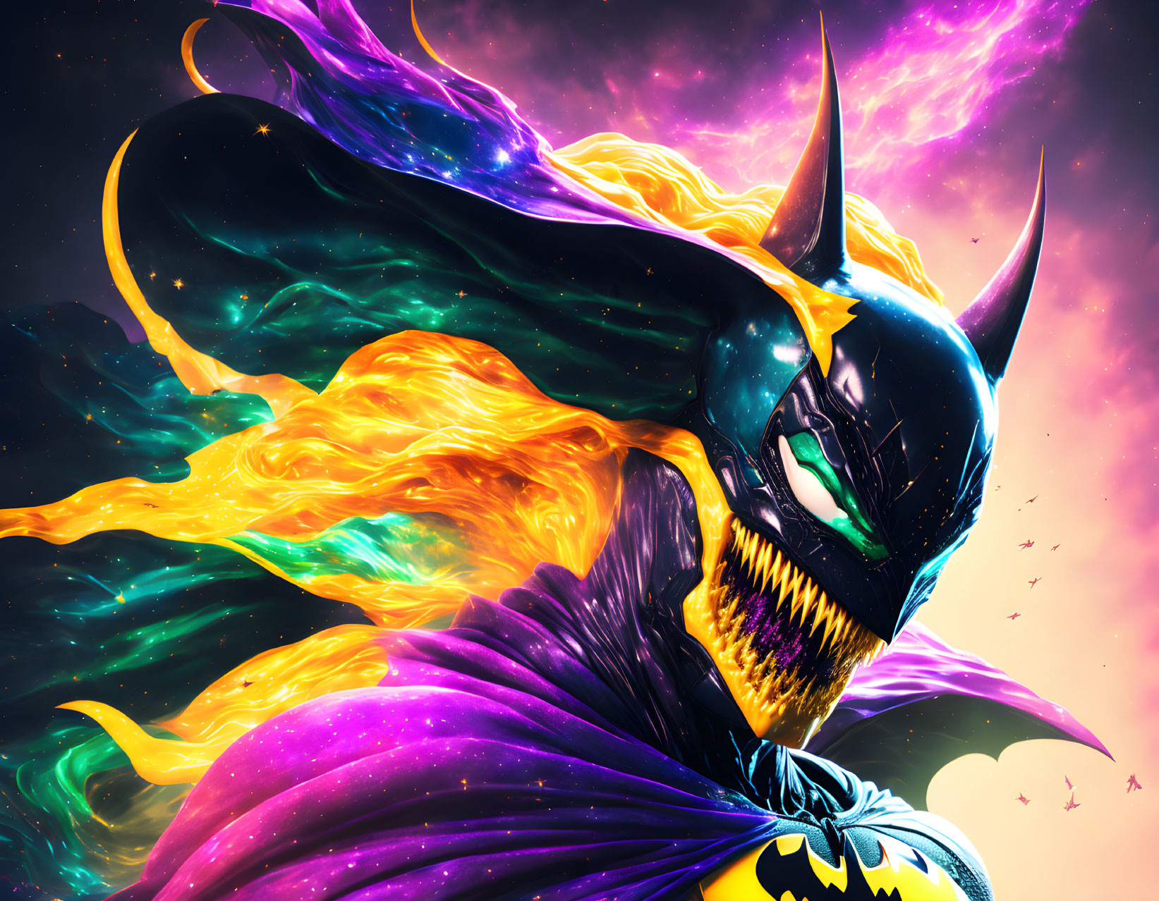 Colorful art: fierce bat-themed character with golden hair, fangs, purple cape, cosmic backdrop