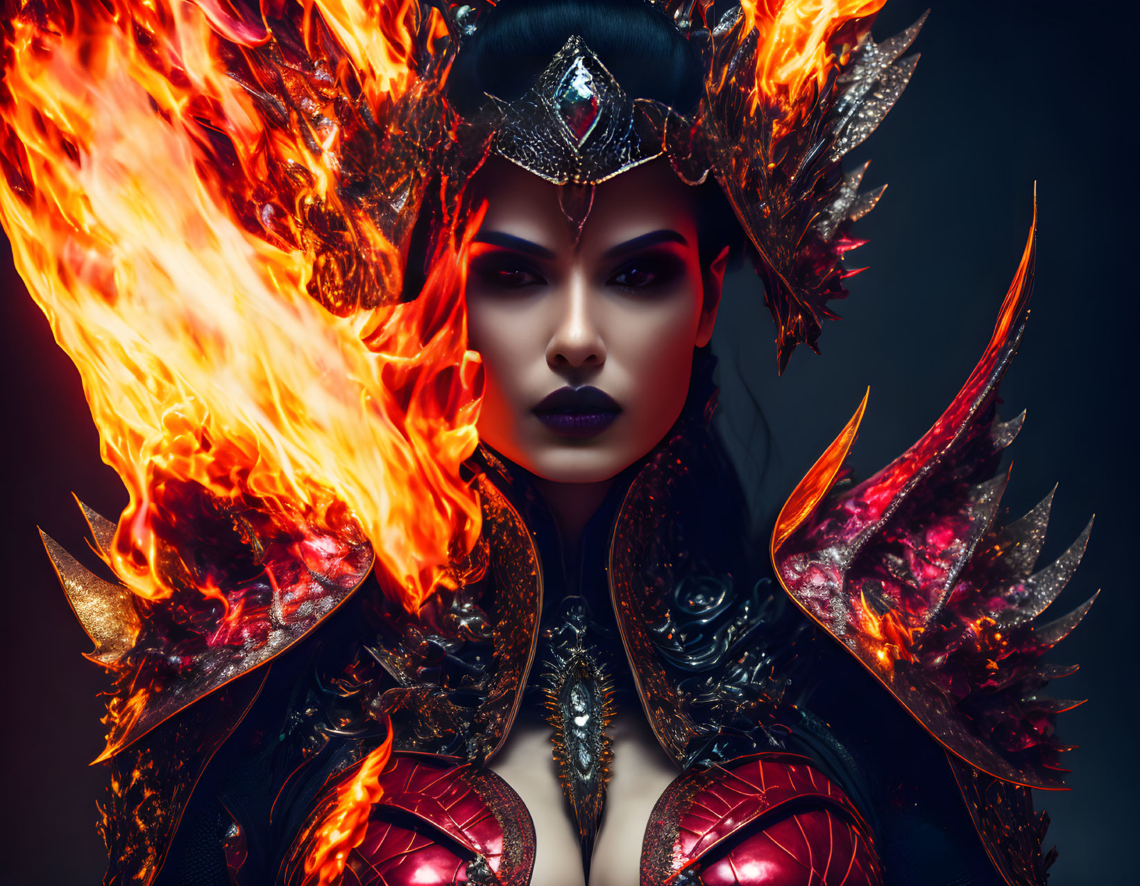 Mystical woman in fiery armor with engulfed flames