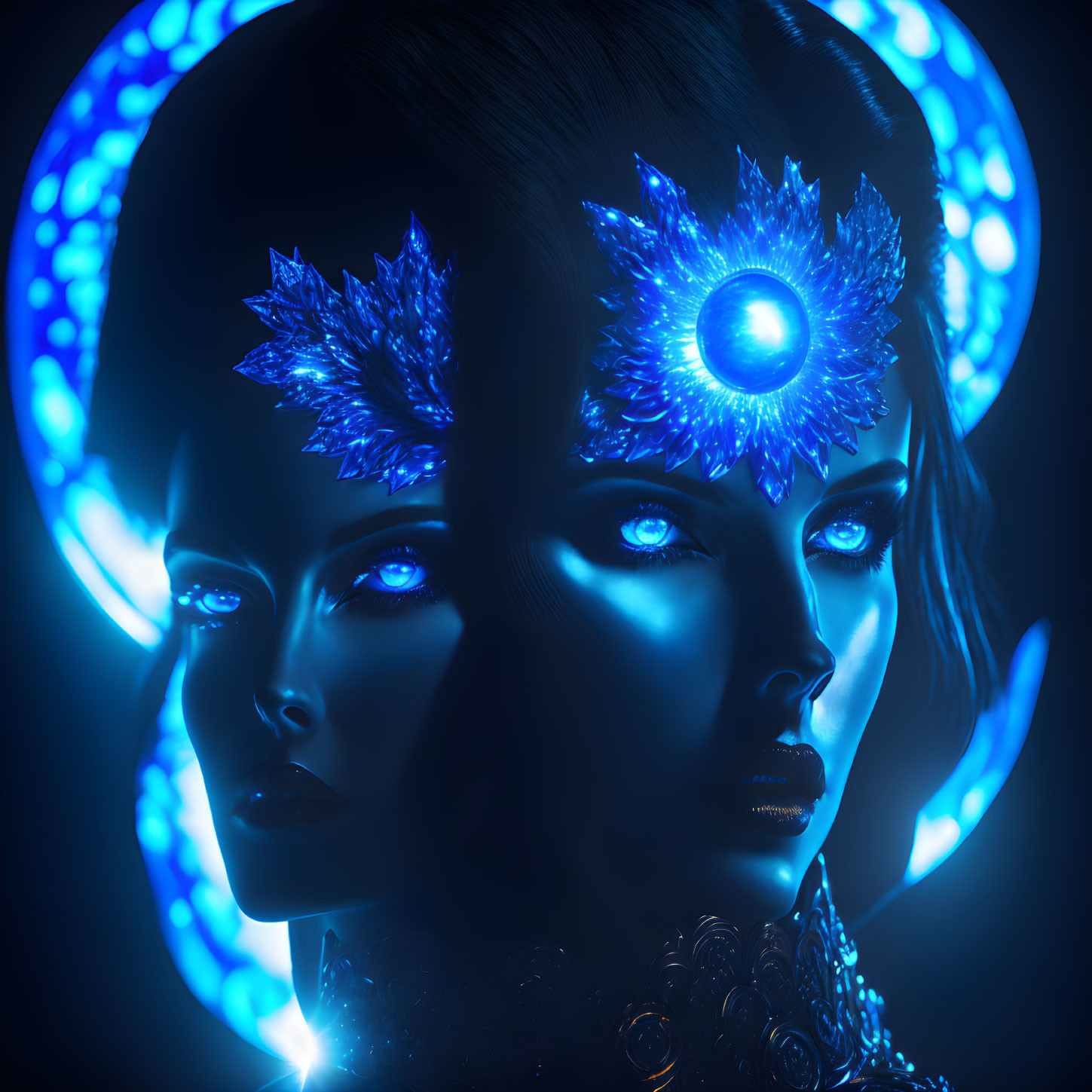 Symmetrical ethereal faces with radiant blue skin and glowing eyes