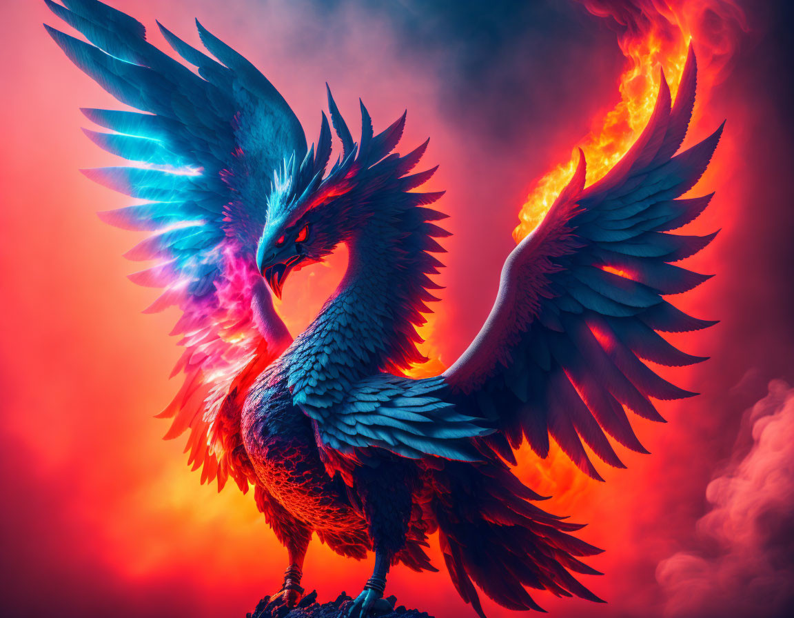 Majestic phoenix with blue and orange plumage on red background